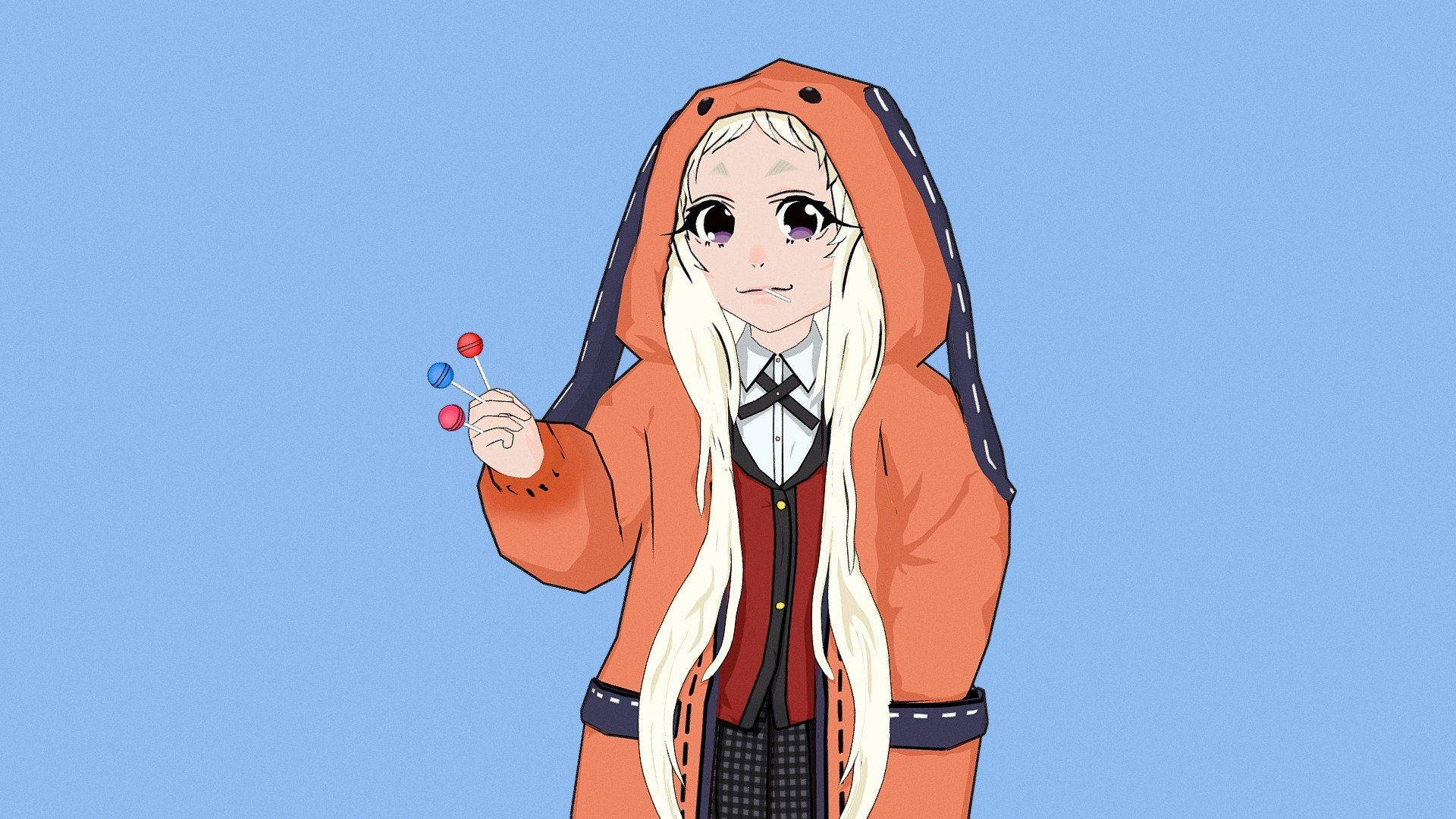 Runa Yomozuki 桌布 壁紙 — 長白髮動漫女孩穿著橙色連帽衫，在柔和的藍色背景前拿著彩色棒棒糖。