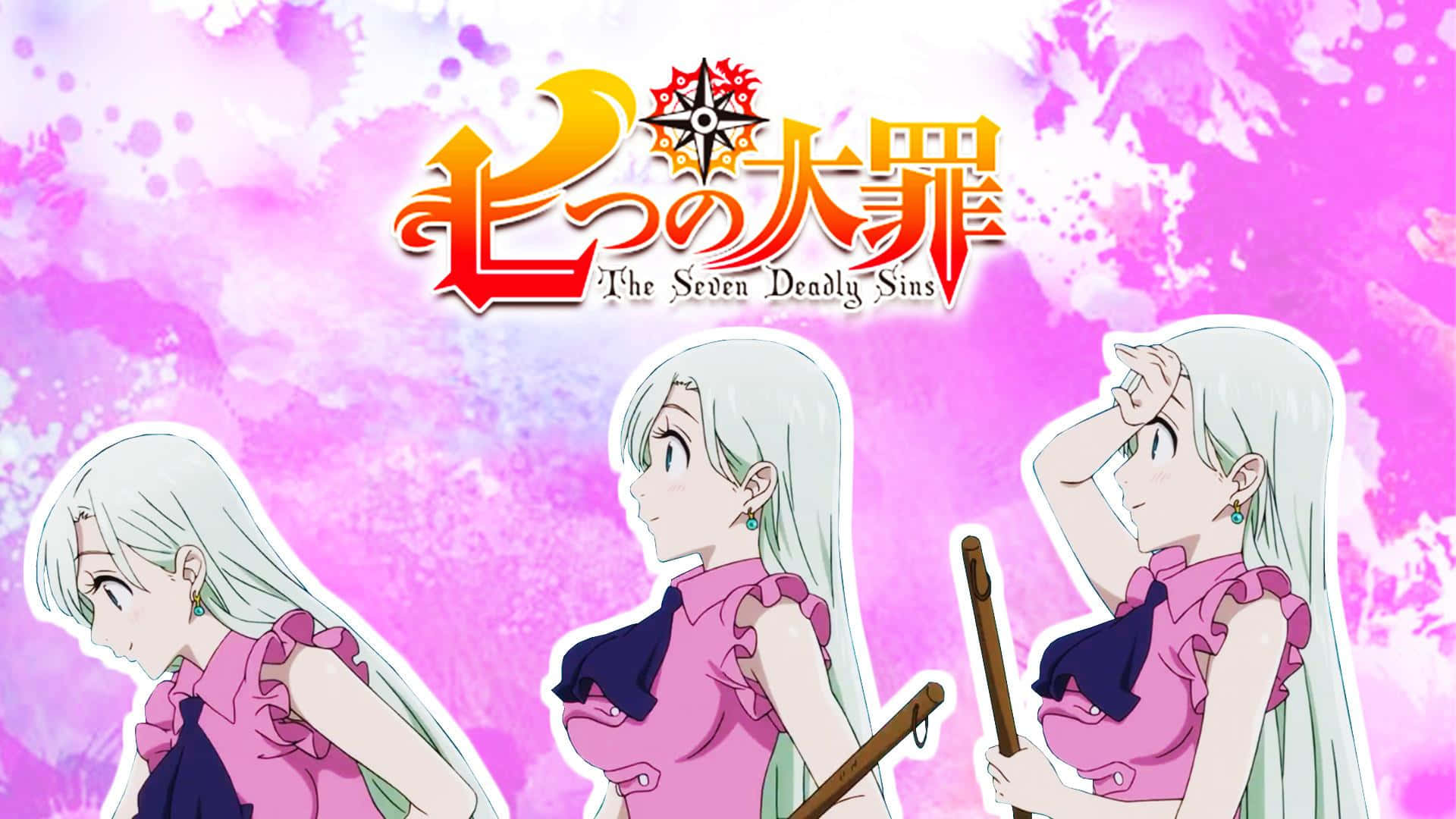 Seven Deadly Sins Elizabeth Liones 桌布 壁紙 — 長白髮的動漫角色穿著粉紅色服裝，在充滿活力的粉紅色水彩背景上與節目標題一起擺姿勢。