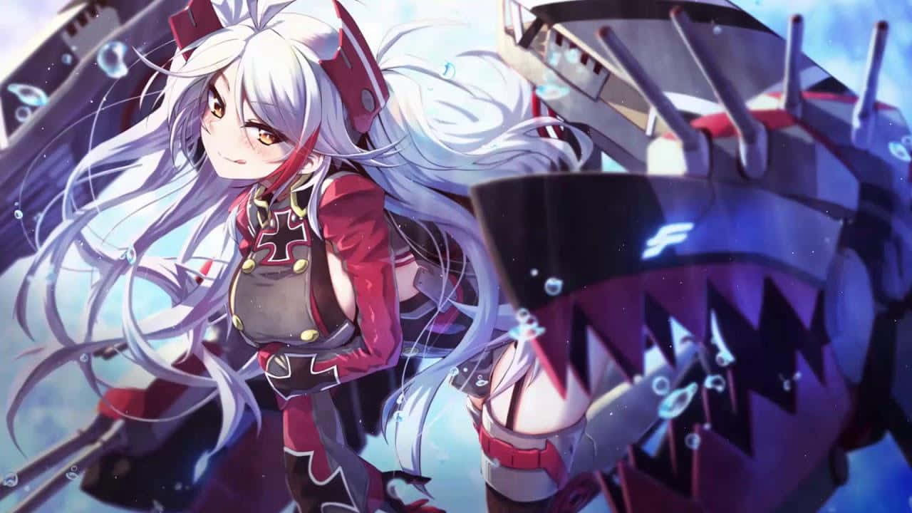 Azur Lane 桌布 壁紙 — 長白髮紅衣動漫女孩站在風格化戰艦旁，身處有氣泡的水下場景。