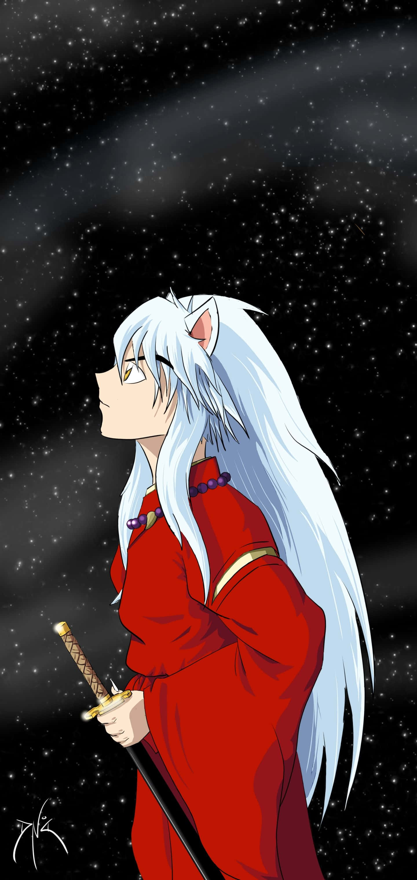 Inuyasha 桌布 壁紙 — 長白髮紅袍動漫角色在星空下持劍。