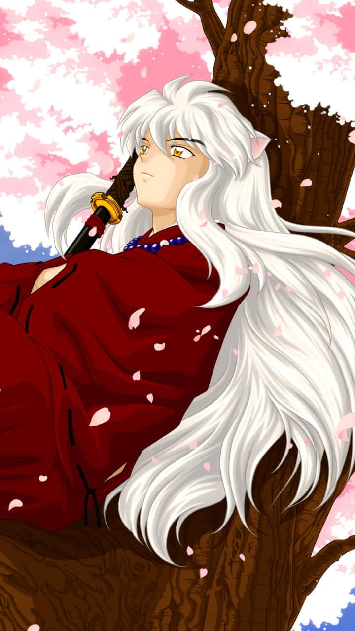 Inuyasha iPhone 桌布 壁紙 — 長白髮紅袍的動漫角色倚靠在一棵粉紅櫻花樹下。