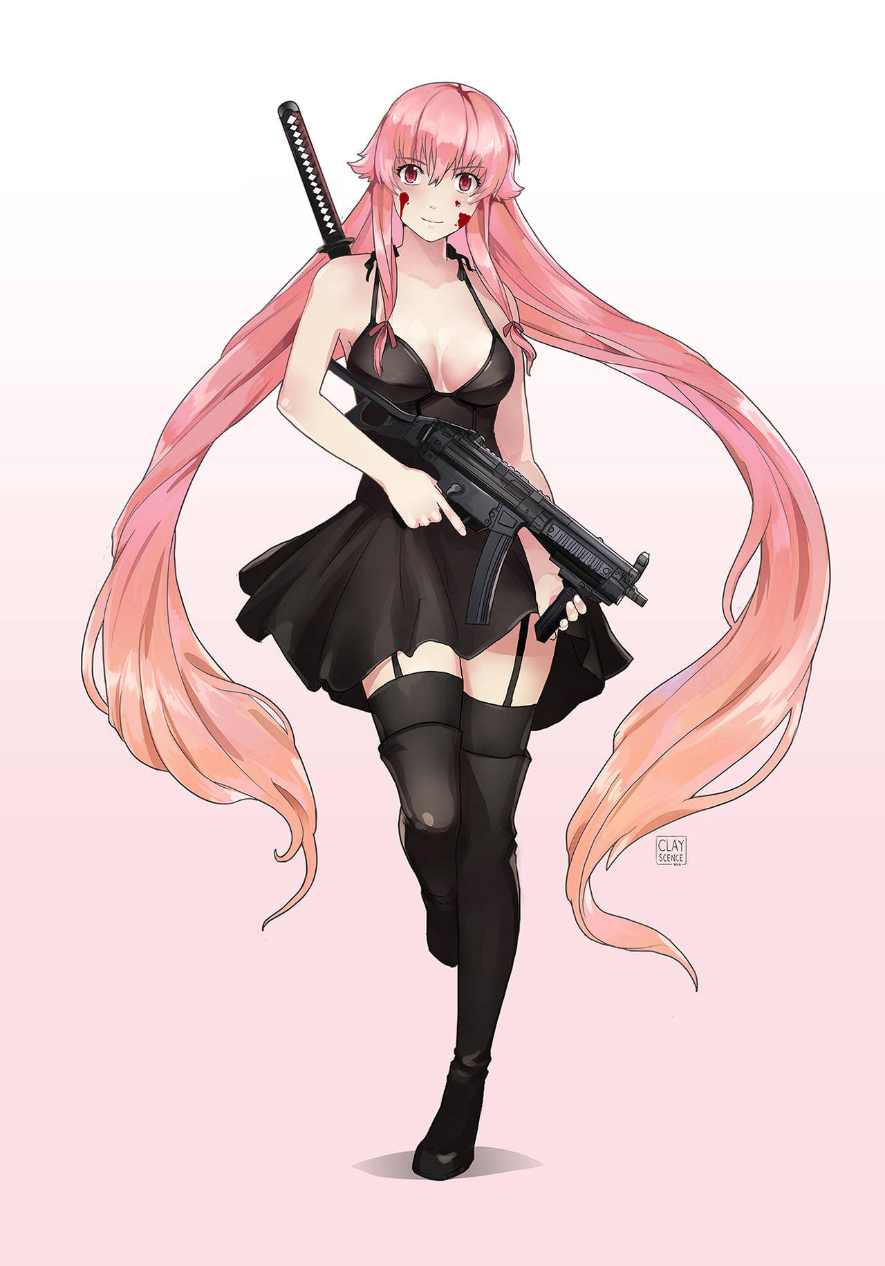 Yuno 桌布 壁紙 — 長粉紅髮的動漫女孩在柔和粉紅背景上揮舞步槍和武士刀。