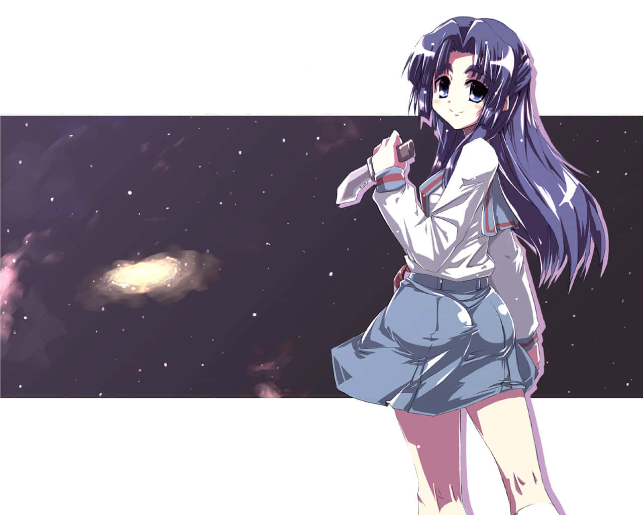 Ryoko Asakura 桌布 壁紙 — 長紫發動漫女孩站在星光宇宙背景前，背景有發光的螺旋星系。