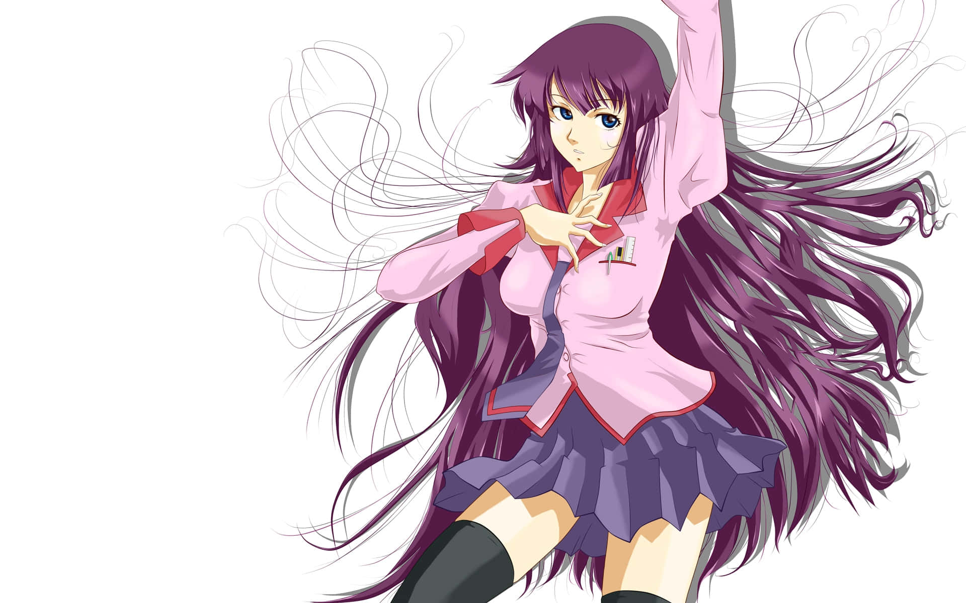 Monogatari 桌布 壁紙 — 長紫髮的動漫女孩穿著粉紅色校服，在純白背景前擺出動態姿勢。