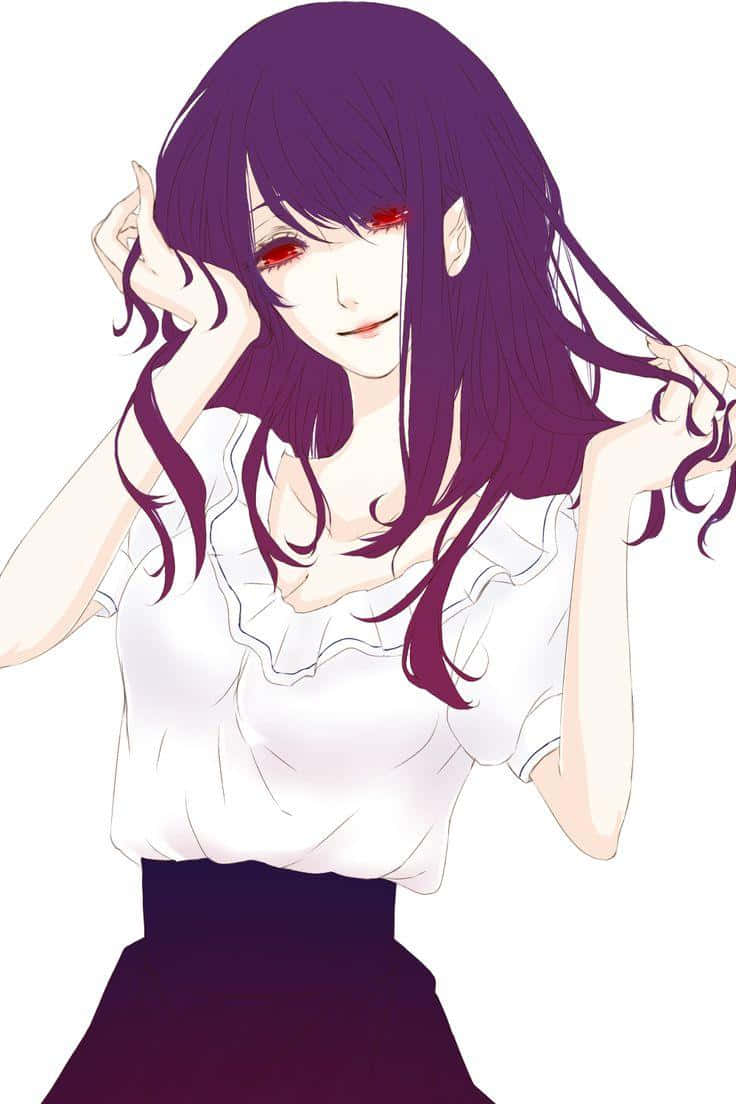 Rize Kamishiro 桌布 壁紙 — 長紫髮紅眼動漫女孩，穿著白色襯衫和深色裙子，頑皮地拉扯自己的頭髮。