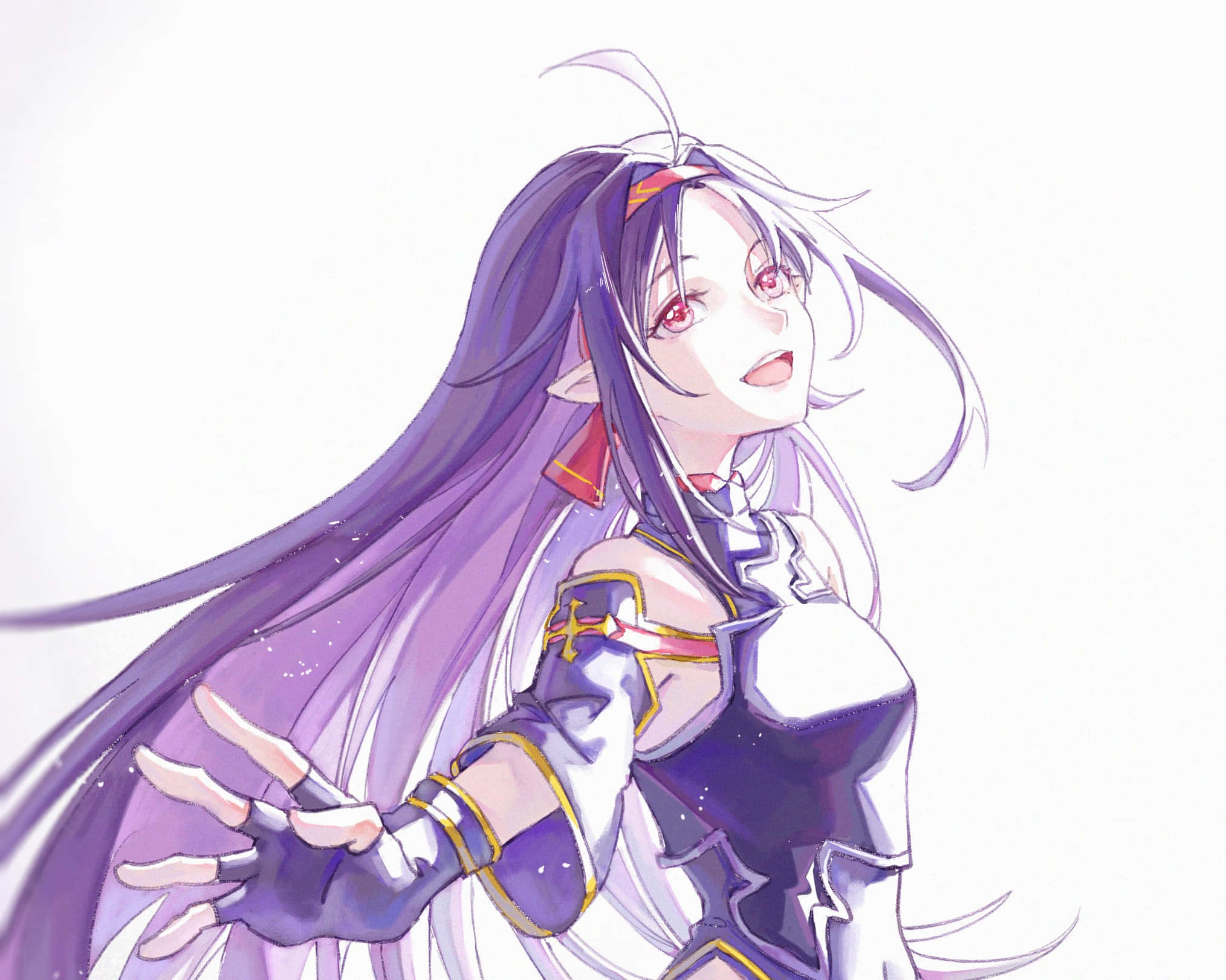 Yuuki Konno 桌布 壁紙 — 長紫髮紅眼動漫女孩微笑著在亮白色背景上伸出手。