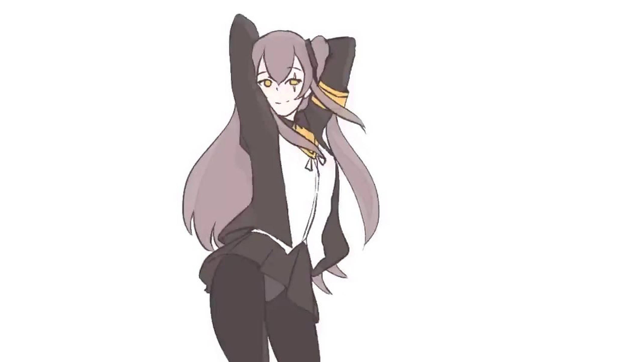 anime dance 桌布 壁紙 — 長紫髮黃眼的動漫女孩，穿著黑白服裝，在純白背景前擺出俏皮姿勢。