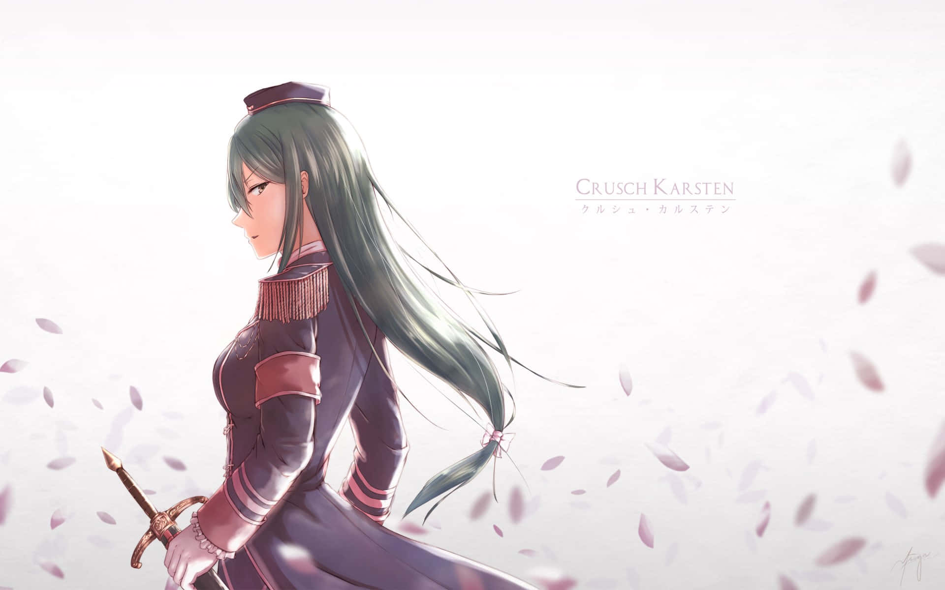 Crusch Karsten 桌布 壁紙 — 長綠髮的動漫女孩穿著紫色制服，手持劍，粉紅花瓣在柔和光線中飄舞在她周圍。