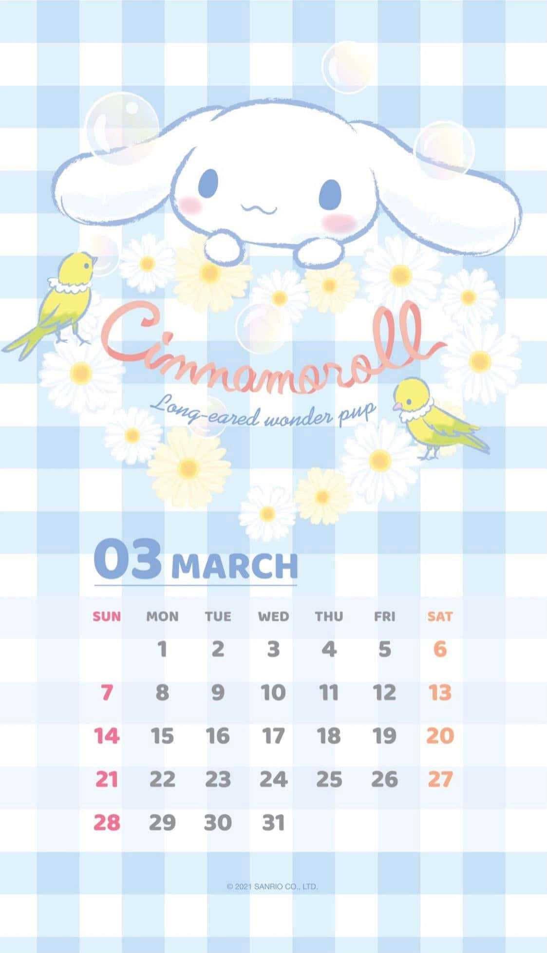 Cinnamoroll Sanrio 桌布 壁紙 — 長耳白兔Cinnamoroll坐在藍色格子日曆背景上，周圍有雛菊和泡泡。