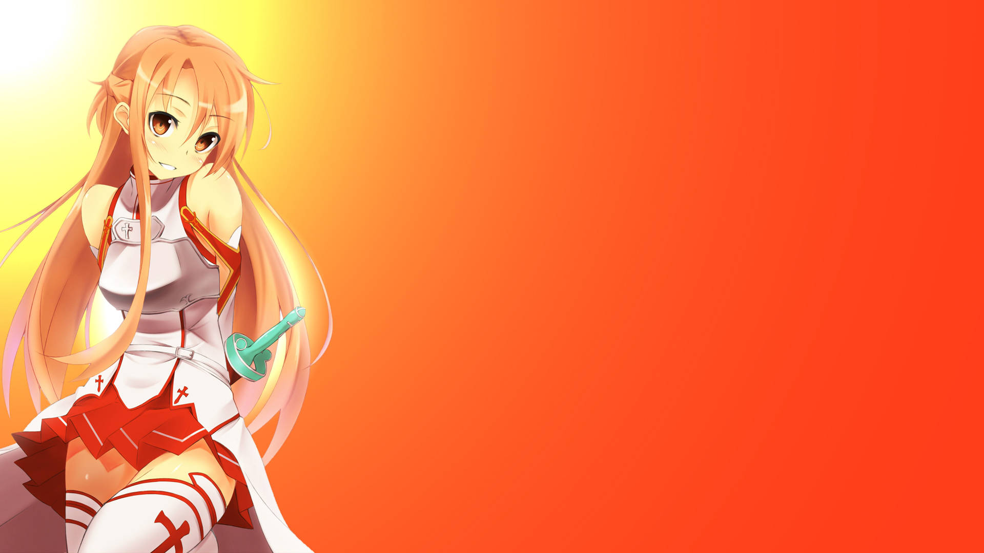 Waifu 桌布 壁紙 — 長著橙色長髮和劍的動漫女孩坐在鮮豔的橙色漸變背景前。