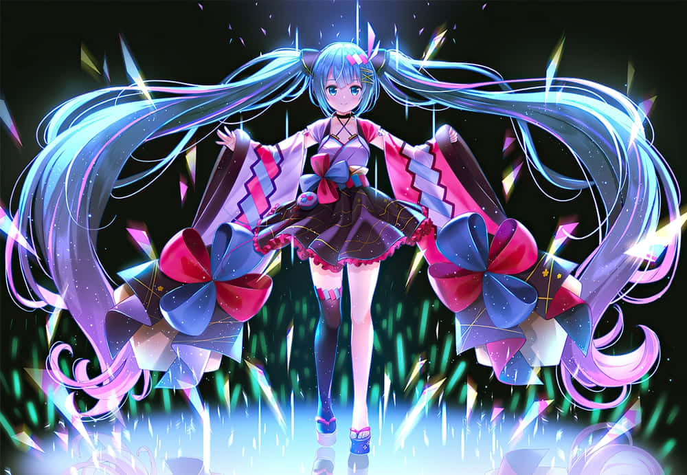 初音未來 桌布 壁紙 — 長藍色頭髮、粉紅色蝴蝶結服裝的動漫女孩，站在黑暗背景中發光的幾何粒子之間。