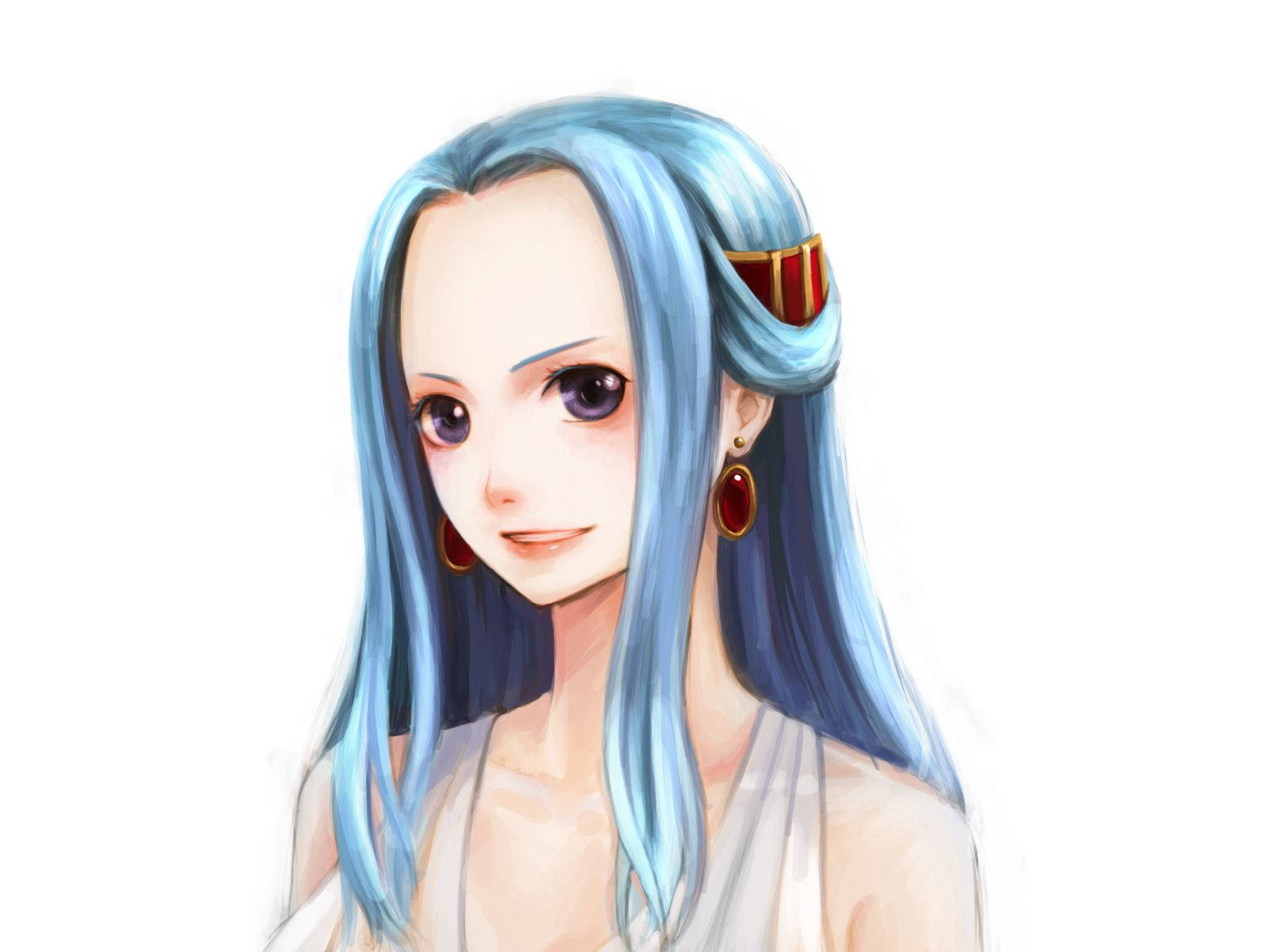 nefertari vivi 桌布 壁紙 — 長藍色頭髮和紅色耳環的動漫女孩在純白色背景上溫柔地微笑。