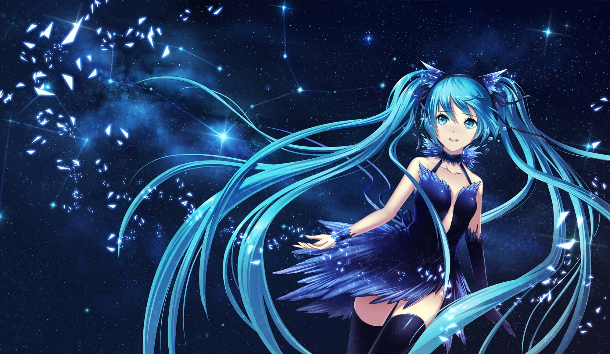 初音未來 桌布 壁紙 — 長藍色頭髮和翅膀的動漫女孩在宇宙夜空中閃爍的星星之間漂浮。