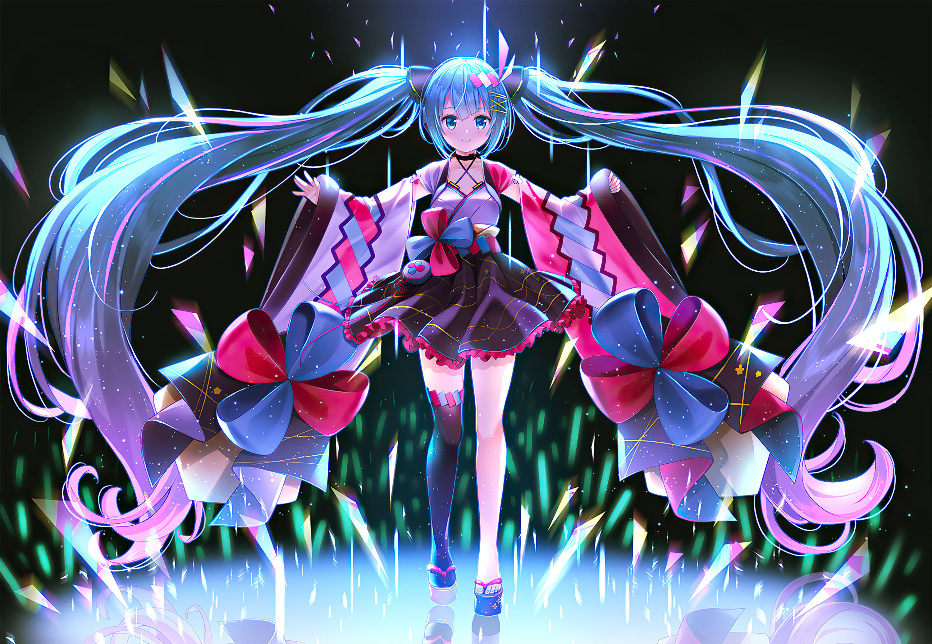 Vocaloid 桌布 壁紙 — 長藍色頭髮和貓耳的動漫少女在發光幾何形狀和閃爍粒子之間跳舞。