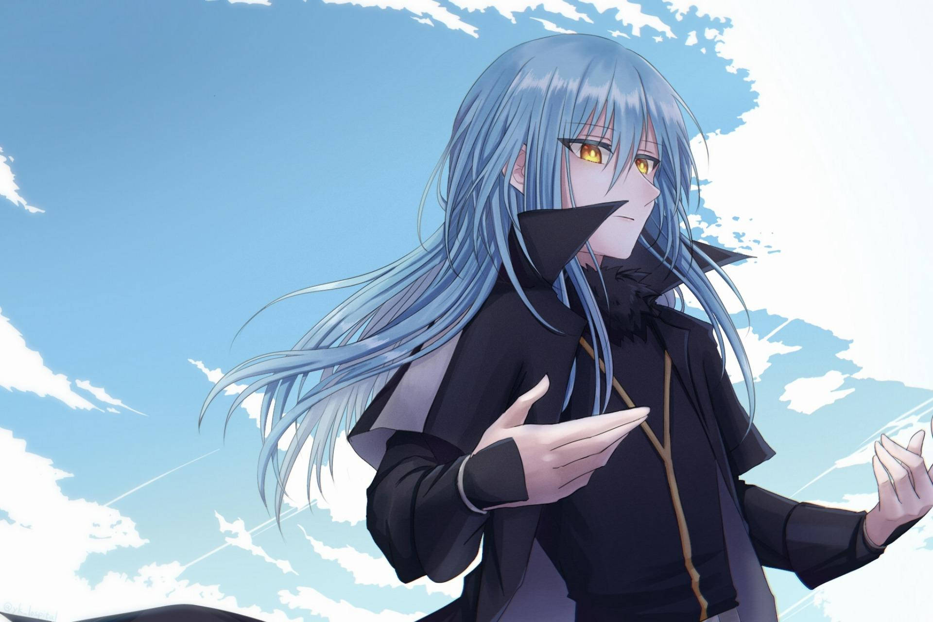 Rimuru 桌布 壁紙 — 長藍色頭髮和金色眼睛的動漫女孩站在有白雲的明亮藍天下。
