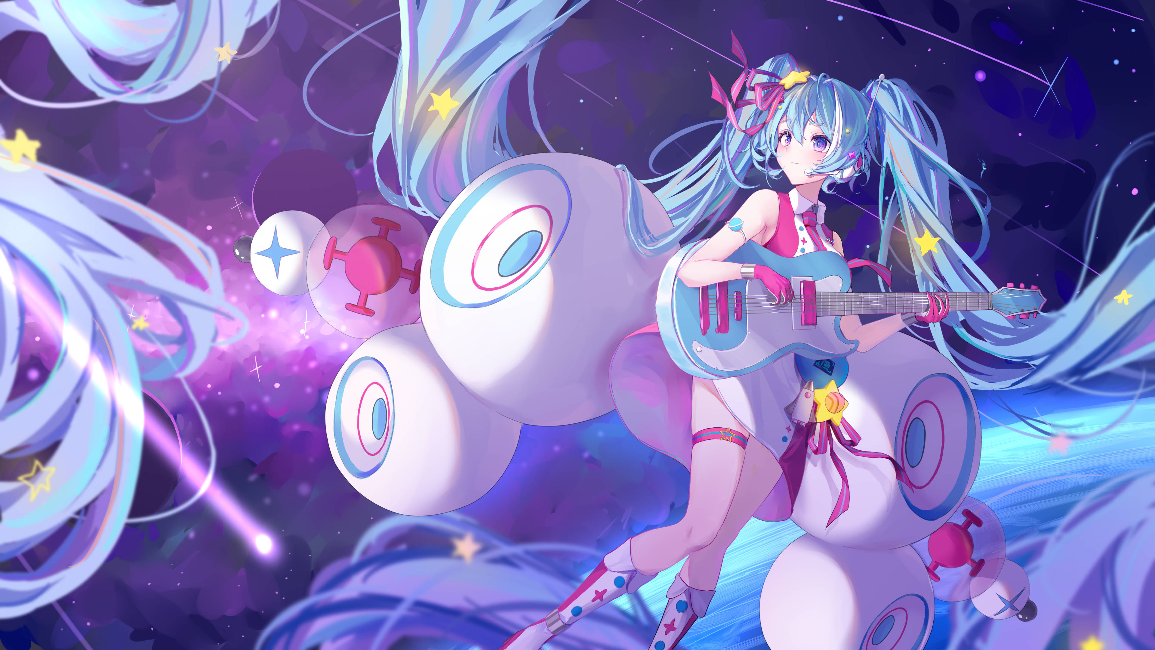 Vocaloid 桌布 壁紙 — 長藍色頭髮的動漫女孩在充滿活力的紫色星系中漂浮在發光的宇宙球體和星星之間彈吉他。