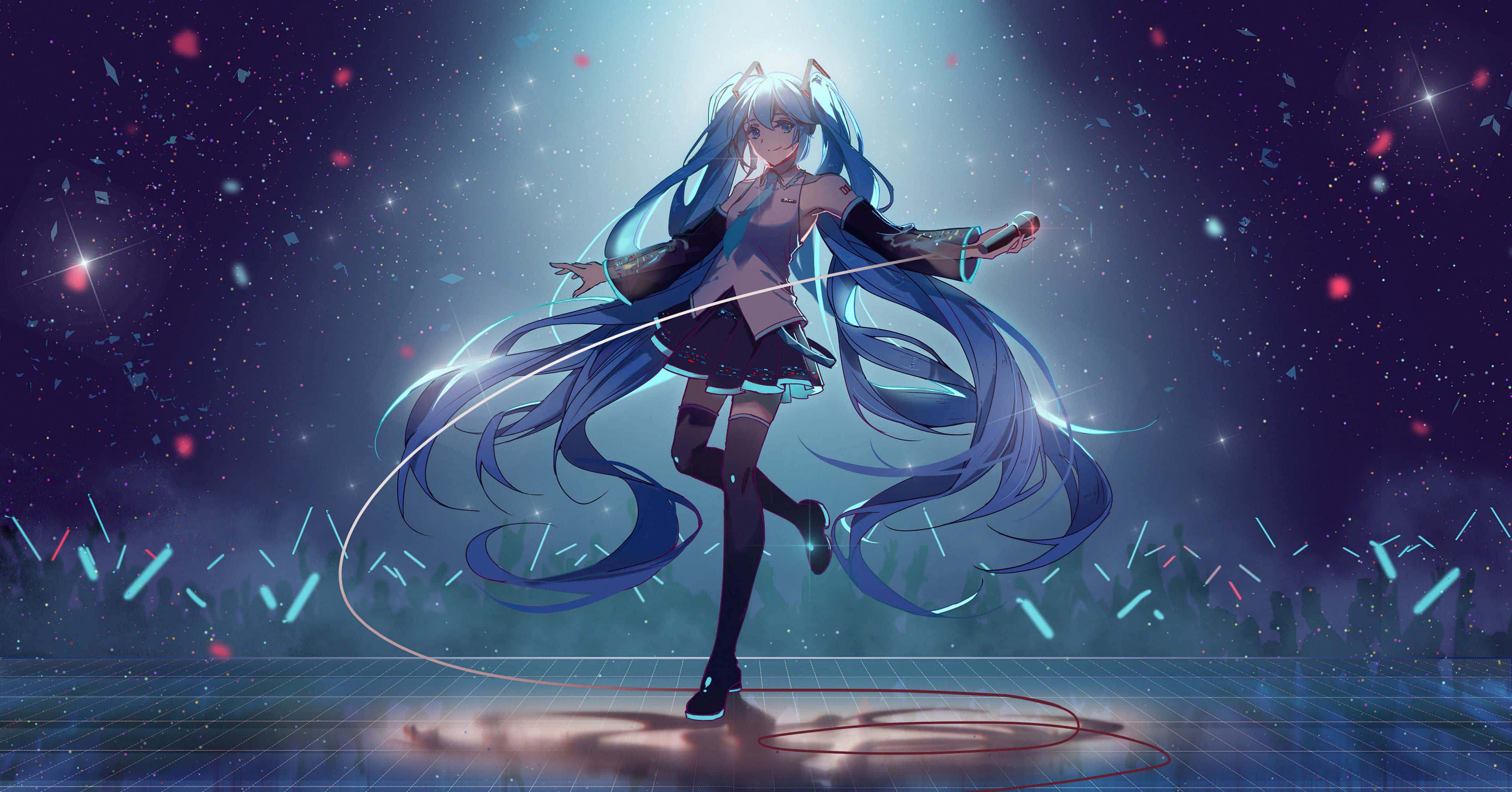 初音未來 桌布 壁紙 — 長藍色頭髮的動漫女孩在星空下跳舞，下方有發光粒子和城市燈光。