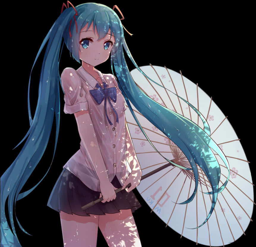 Vocaloid 桌布 壁紙 — 長藍色頭髮的動漫女孩在黑色背景上拿著白色紙傘，背景有柔和發光的粒子。