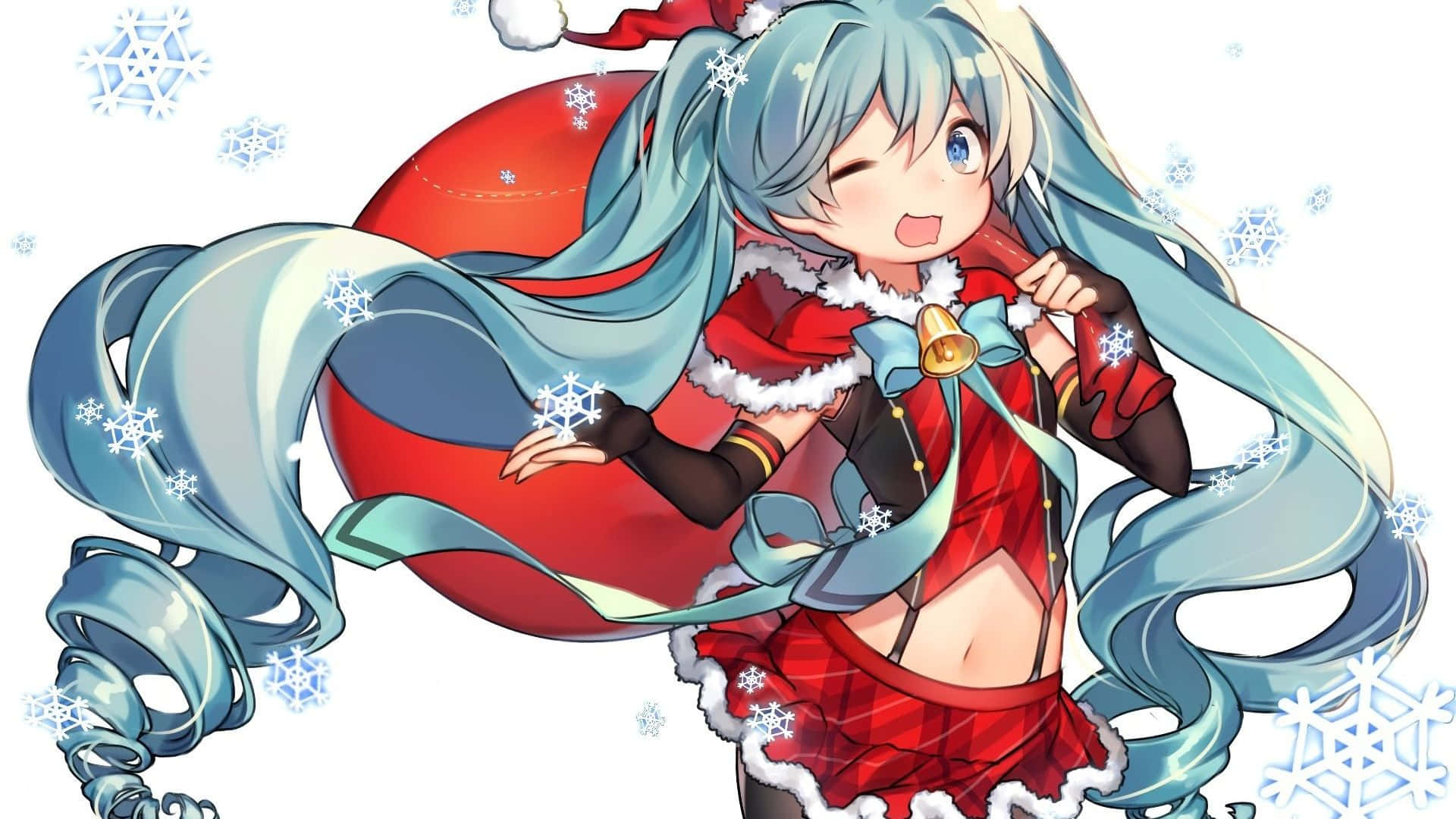 Anime Christmas 桌布 壁紙 — 長藍色頭髮的動漫女孩穿著節日紅色服裝，手持被雪花包圍的巨大紅色裝飾品。