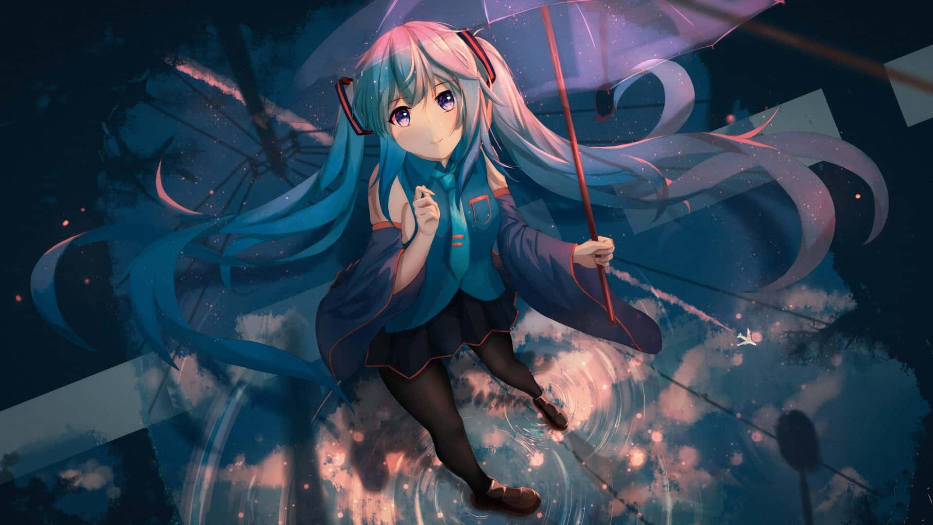 初音未來 桌布 壁紙 — 長藍髮動漫少女在旋轉的宇宙雲和漂浮的櫻花中手持發光雨傘。
