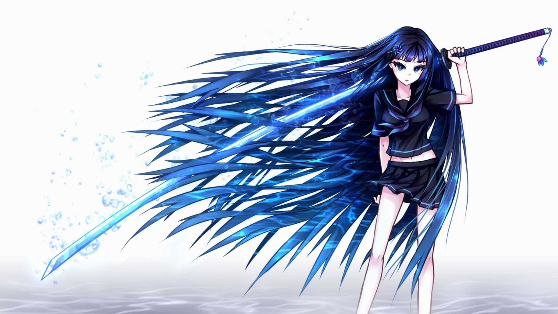 Epic Anime 桌布 壁紙 — 長藍髮持劍的動漫女孩站在水中，周圍有發光的藍色能量和氣泡旋轉。