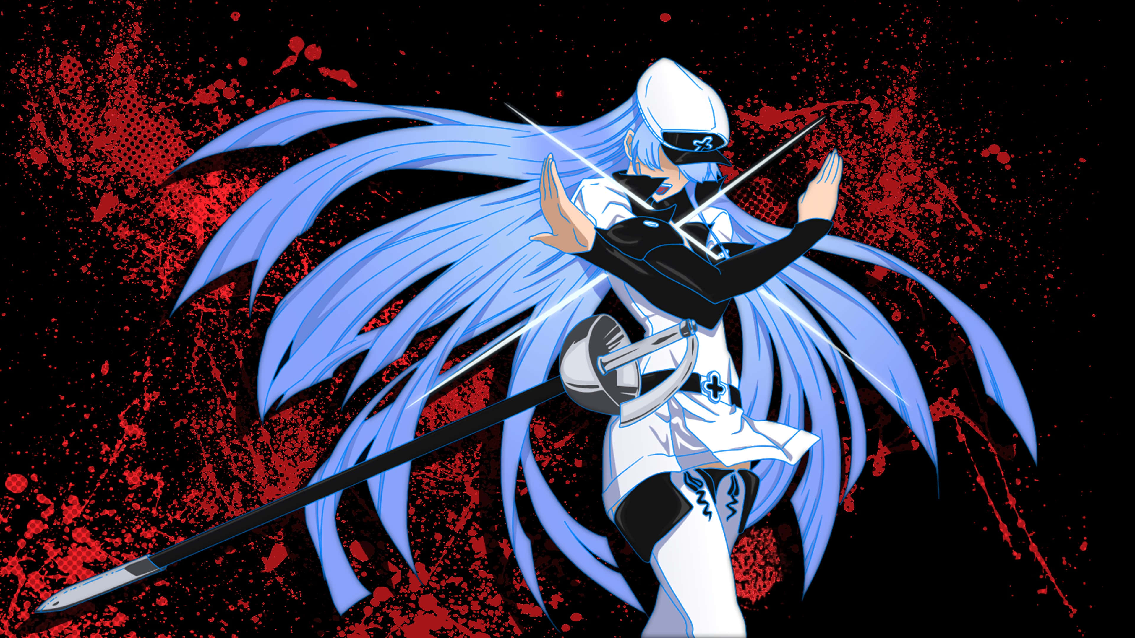 Akame Ga Kill 4K 桌布 壁紙 — 長藍髮的動漫戰士在濺滿紅色的黑色背景上揮舞雙劍。