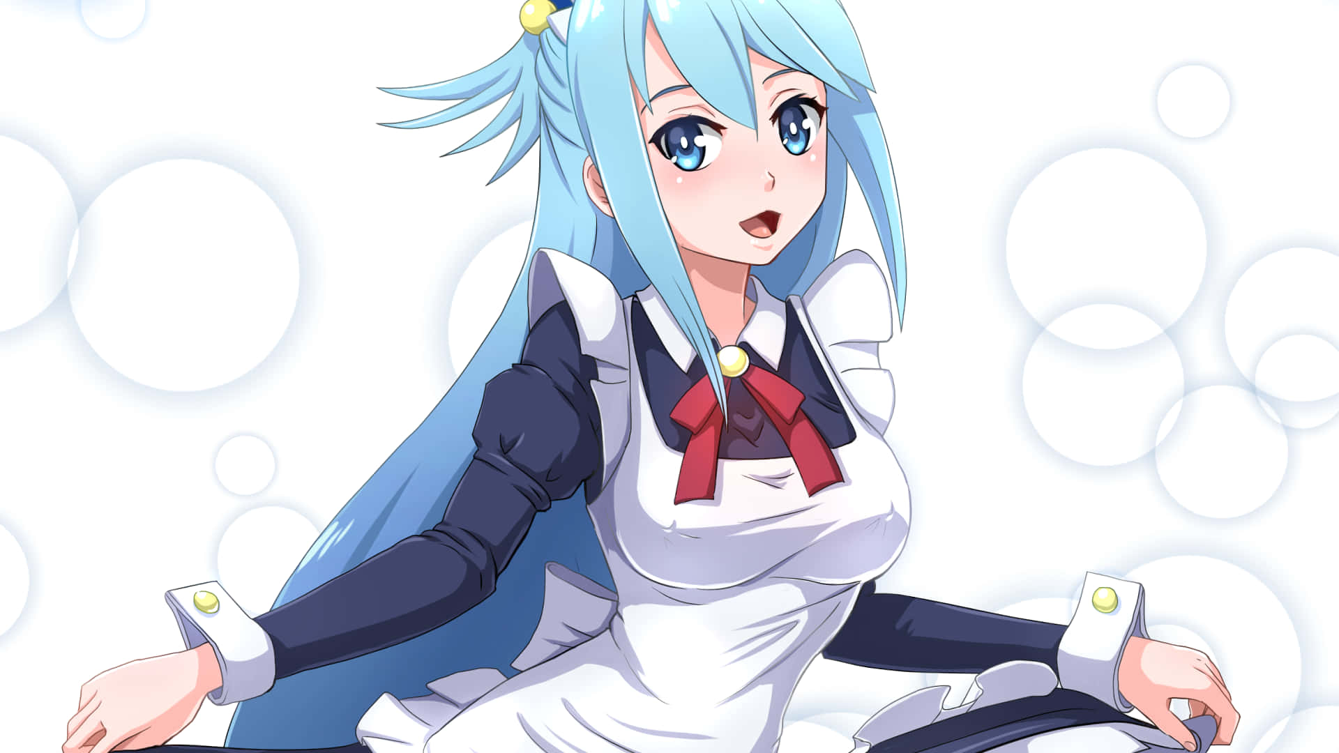 Konosuba 桌布 壁紙 — 長藍髮藍眼動漫女孩穿著白色和黑色女僕裝，配紅色蝴蝶結，背景是柔軟的泡泡。