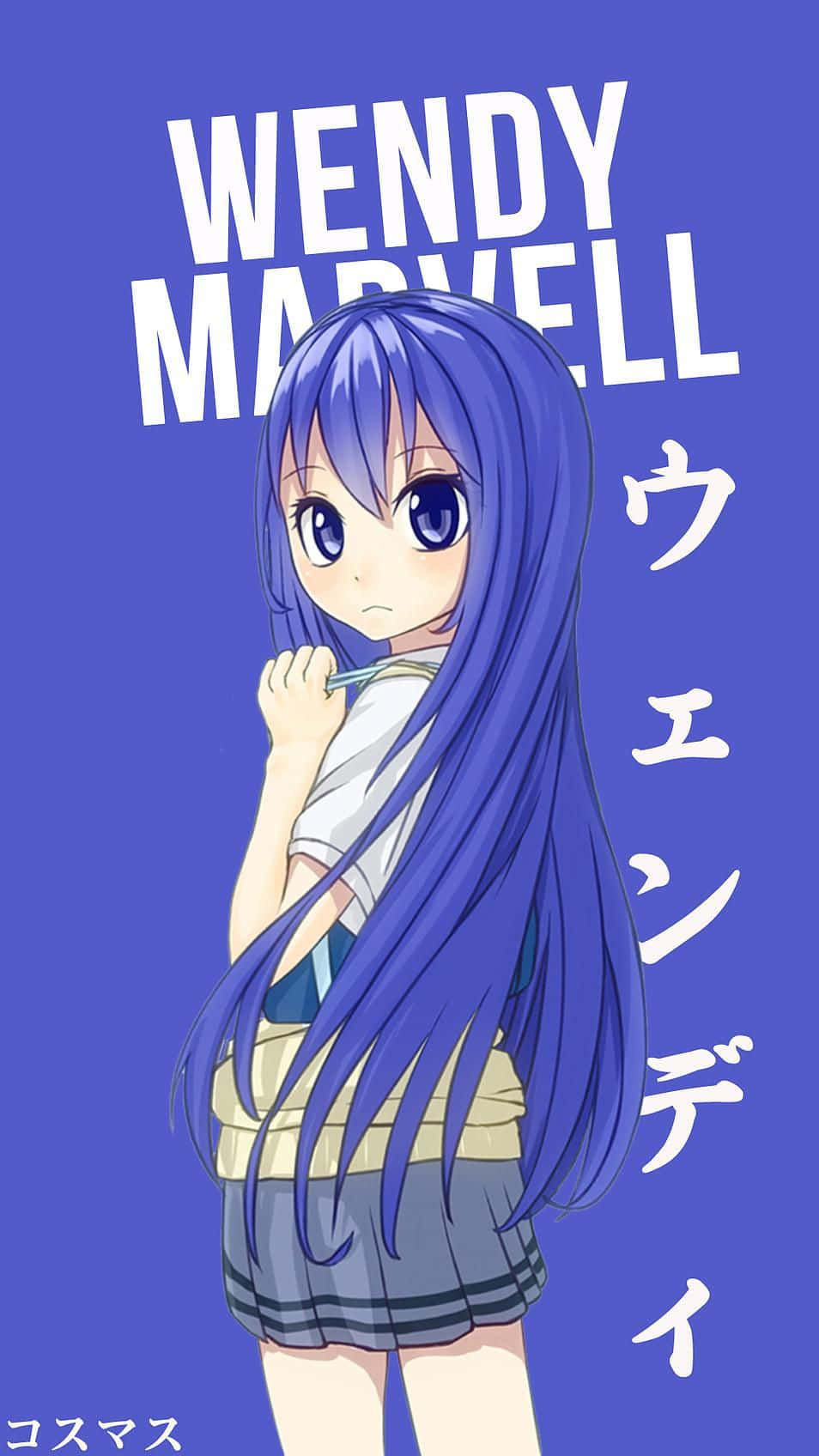 Wendy Marvell 桌布 壁紙 — 長藍髮藍眼動漫少女身穿校服，在純藍色背景上帶有名稱文字。