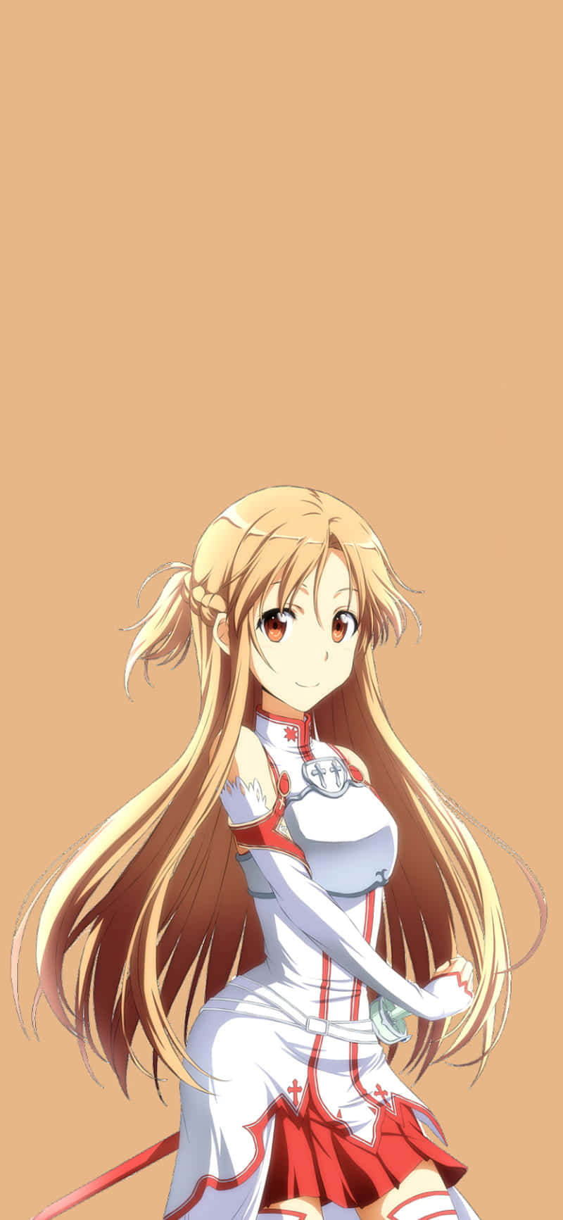 桌布 壁紙 — 長金髮、身穿白色和紅色服裝的動漫女孩在純蜜桃色背景上微笑。