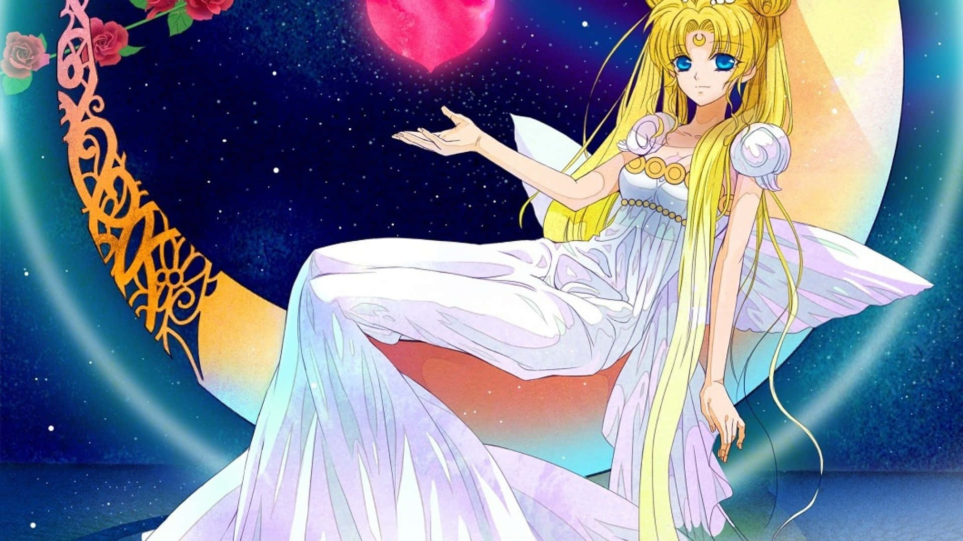 美少女戰士 桌布 壁紙 — 長金髮動漫女孩優雅地坐在新月上，在星空夜空下拿著發光的粉紅色心形。