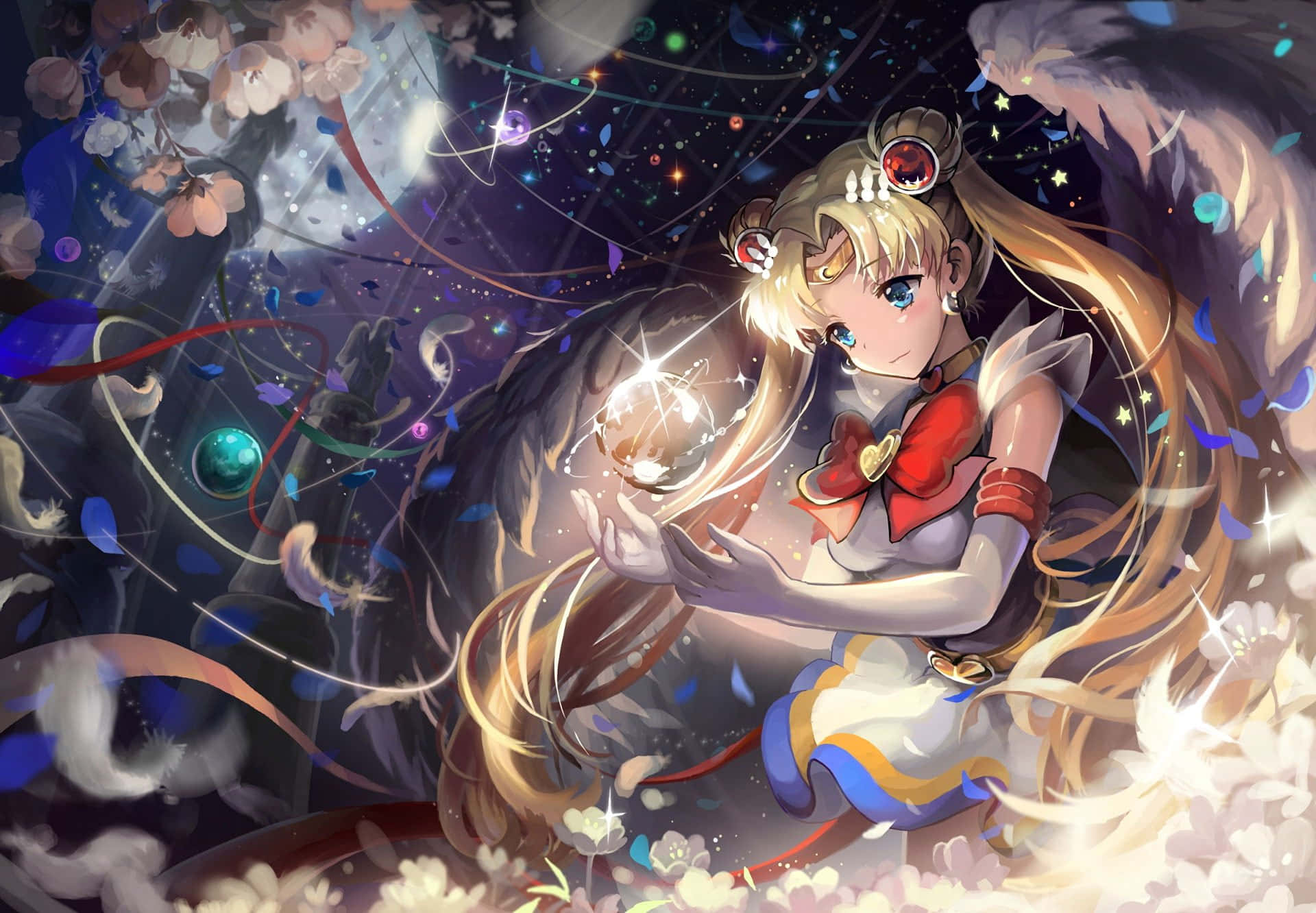 美少女戰士 桌布 壁紙 — 長金髮動漫女孩在宇宙漩渦、櫻花和漂浮行星中手持發光球體。