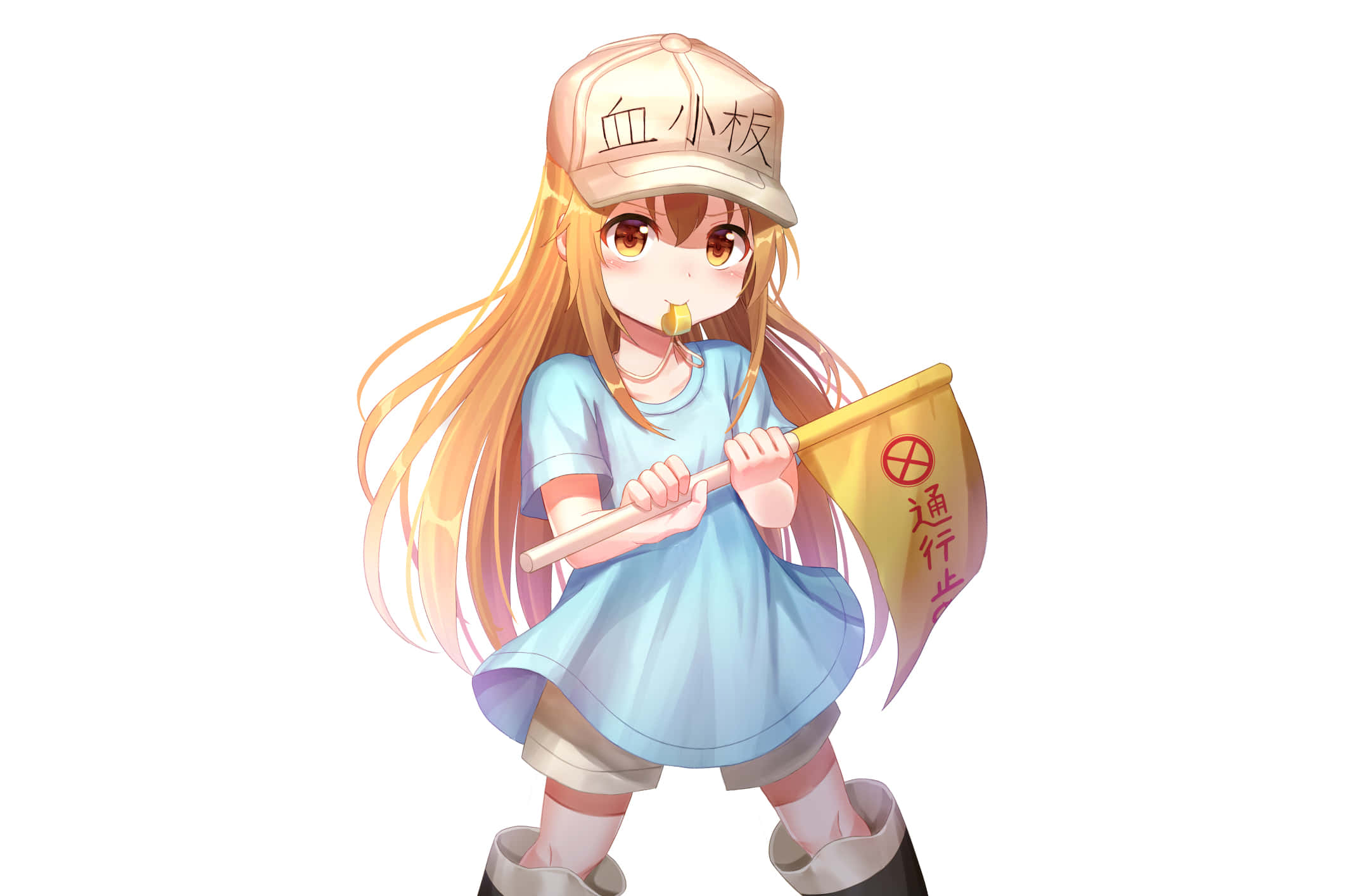 Cells At Work 桌布 壁紙 — 長金髮動漫女孩戴帽子和藍色連衣裙，手持帶有紅色符號的黃色旗幟。
