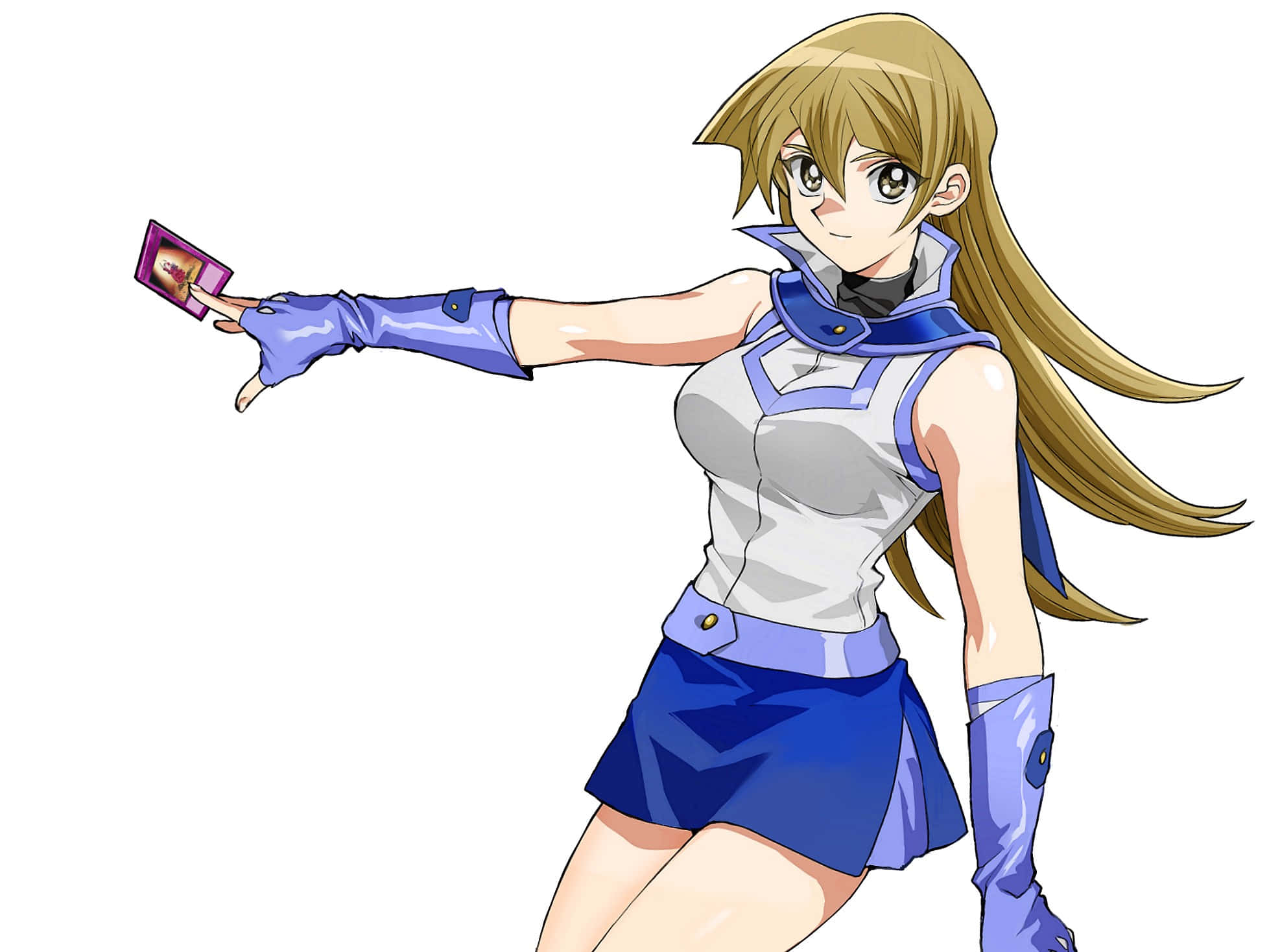 Alexis Rhodes 桌布 壁紙 — 長金髮動漫女孩身穿藍白服裝，自信微笑地遞出一張紫色卡片。