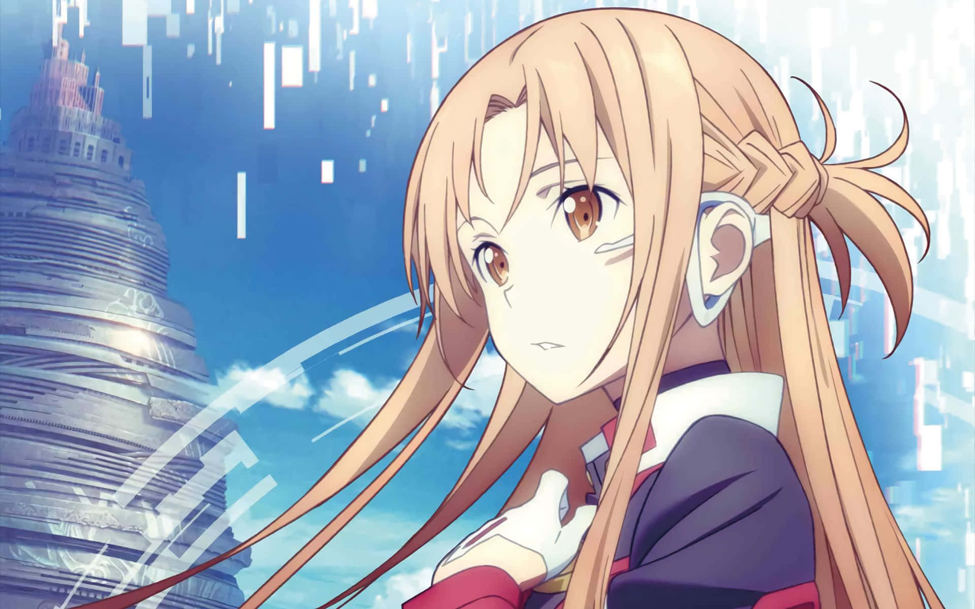 Yuuki Asuna 桌布 壁紙 — 長金髮棕眼動漫女孩在明亮藍天下凝視前方未來數位城市景觀。