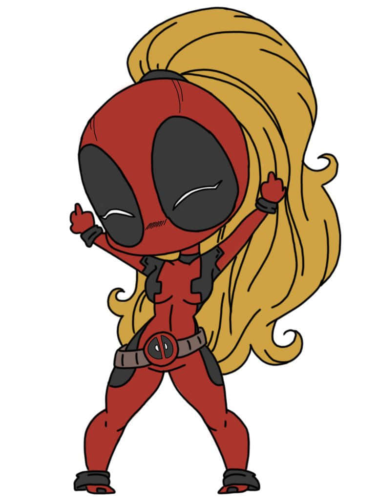 Lady Deadpool 桌布 壁紙 — 長金髮的Q版死侍身穿紅黑戰衣，在白色背景前擺出俏皮姿勢。