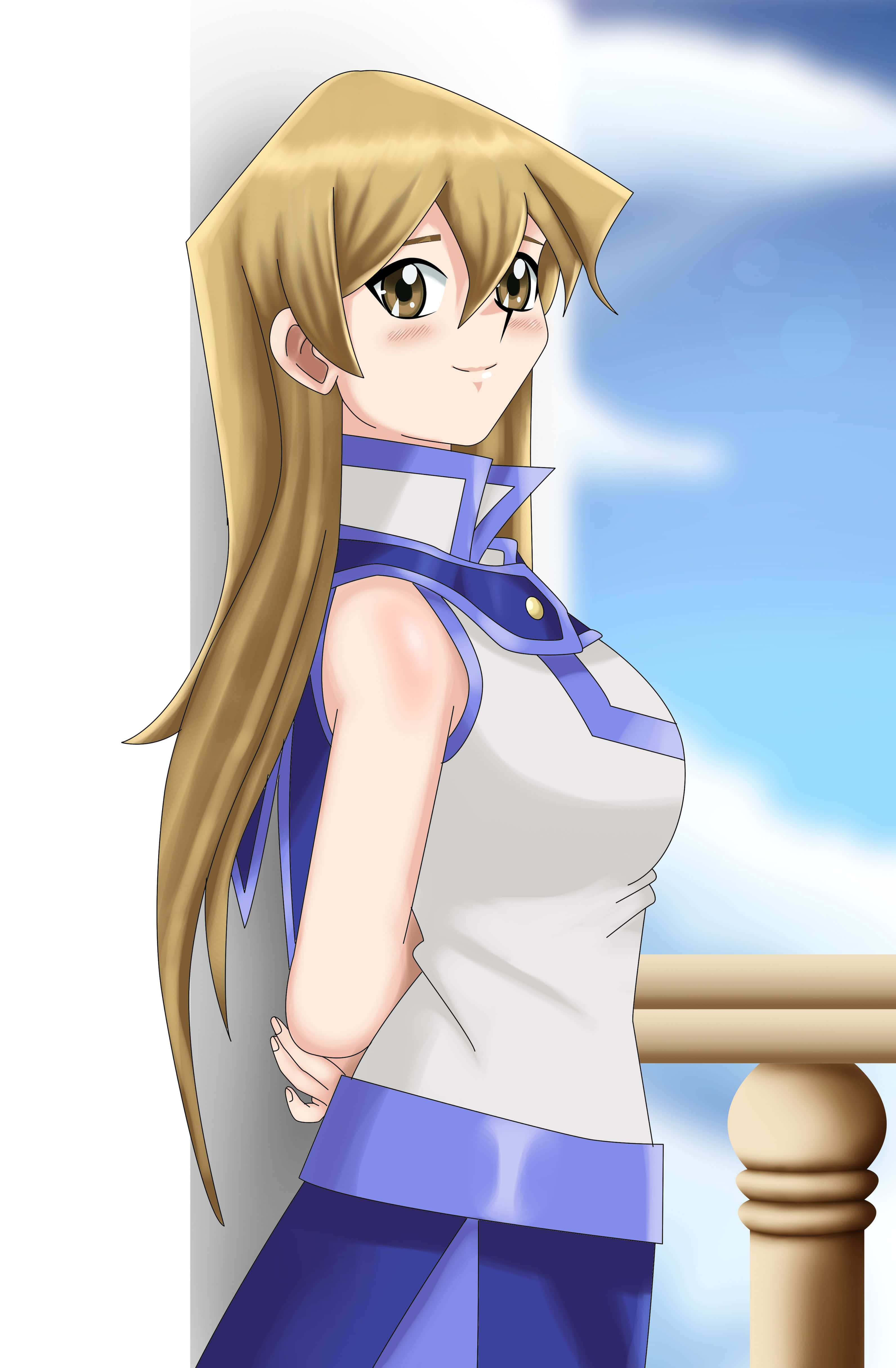 Alexis Rhodes 桌布 壁紙 — 長金髮的動漫女孩靠在欄杆上，頭頂是藍天白雲。