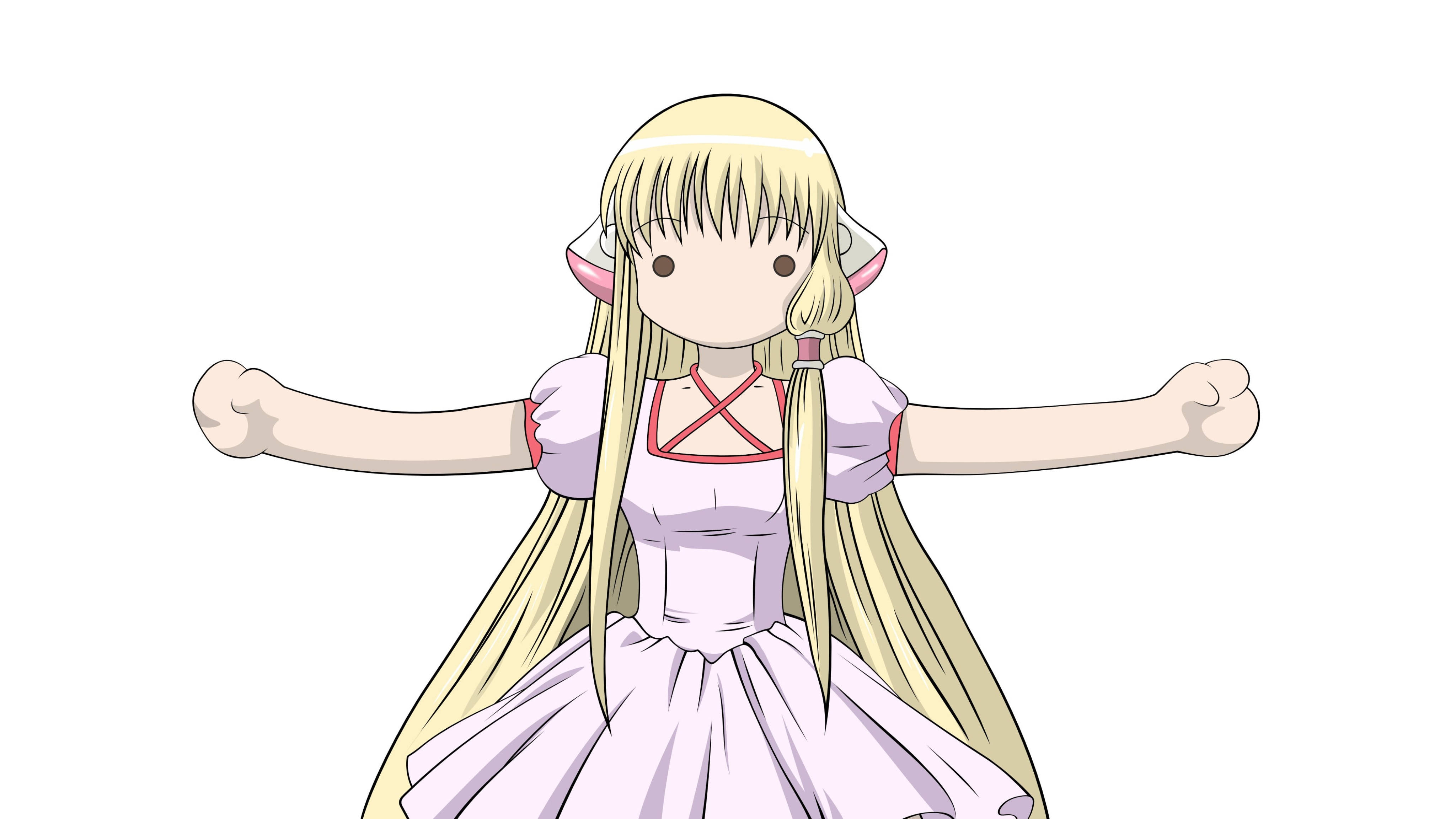 Chobits 桌布 壁紙 — 長金髮粉紅耳朵的動漫女孩穿著白色連衣裙，在純白背景前張開雙臂站立。