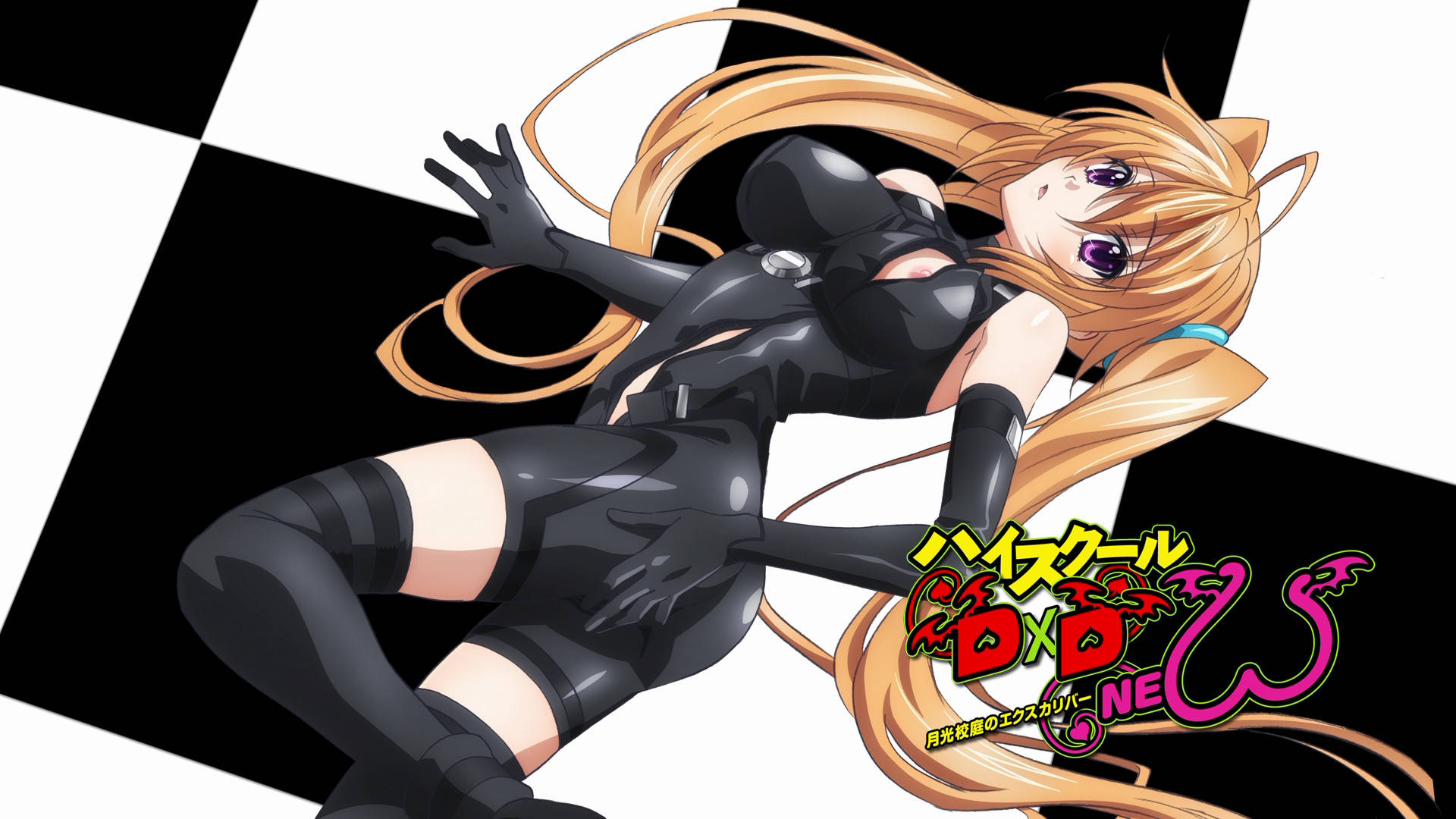 Dxd 桌布 壁紙 — 長金髮紫眼動漫女孩穿著黑色服裝在格子背景前動態擺姿勢。