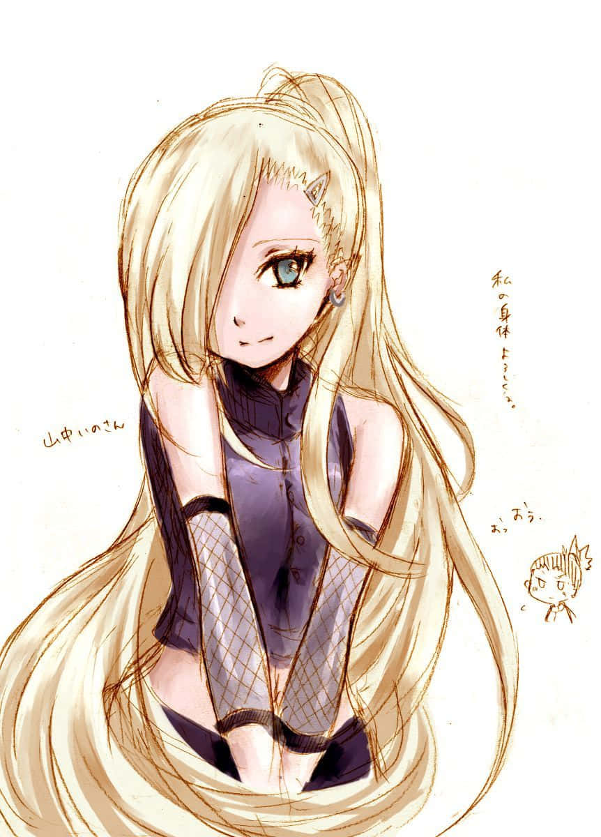 Ino Yamanaka 桌布 壁紙 — 長金髮藍眼動漫女孩，穿著紫色服裝和魚網袖，柔和素描風格。