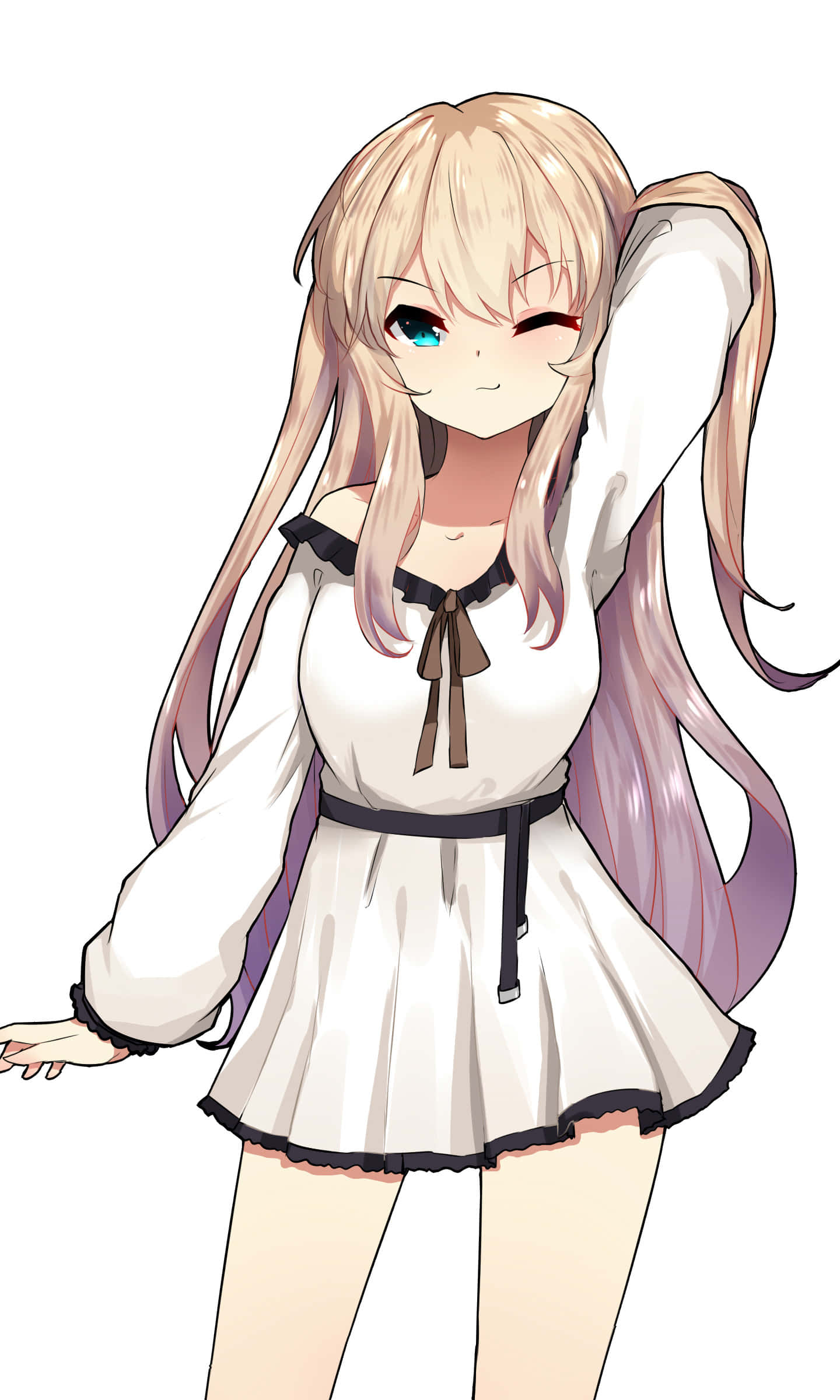 Anime White 桌布 壁紙 — 長金髮藍眼動漫女孩穿著帶黑色飾邊的白色連衣裙眨眼。