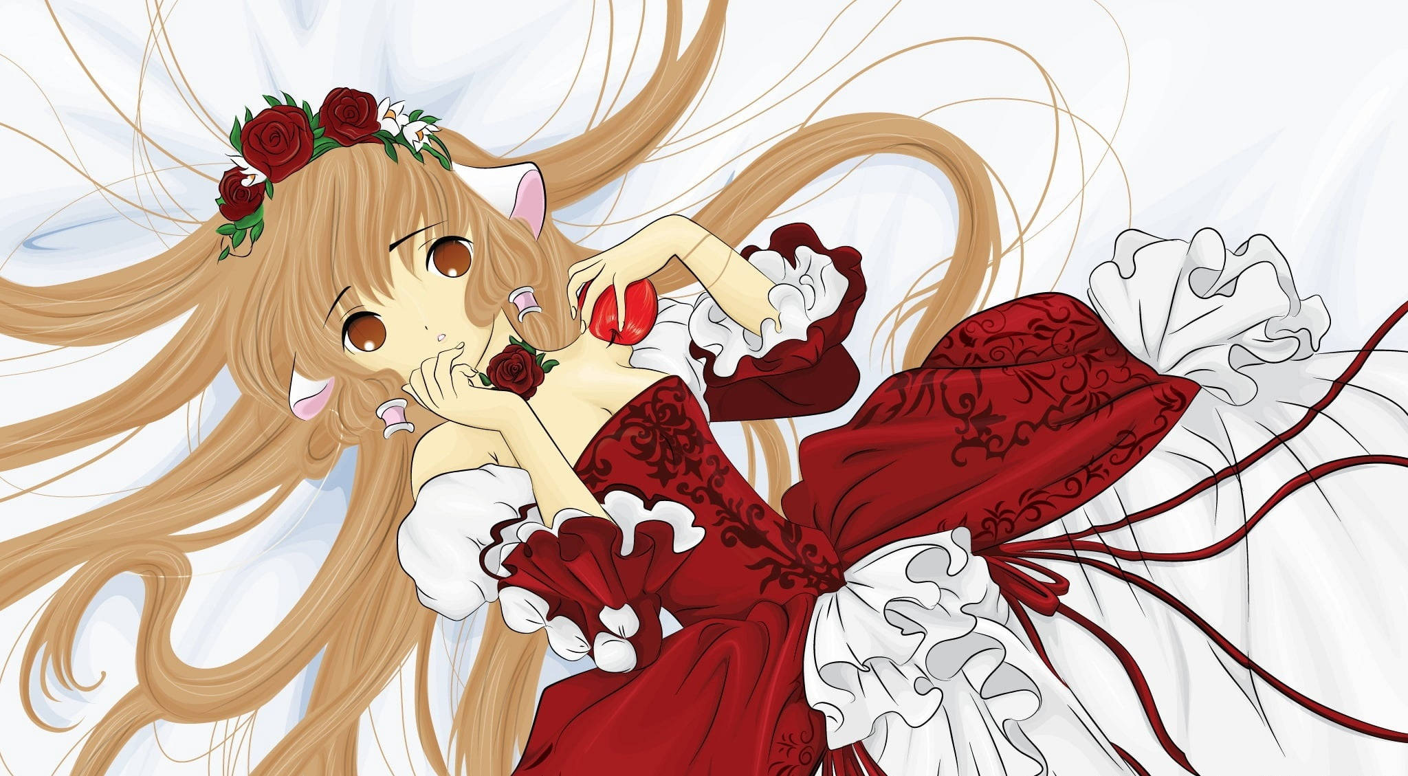 Chobits 桌布 壁紙 — 長金髮貓耳動漫女孩，身穿紅色碎花連衣裙，手持玫瑰，背景為柔和白色。