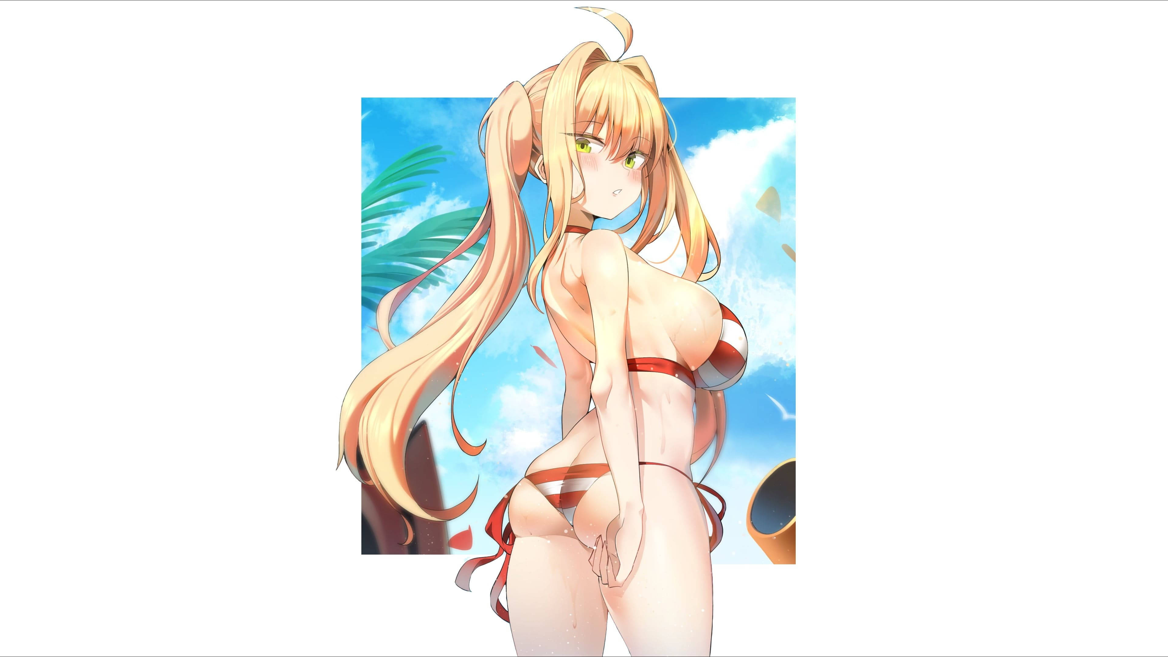 Sexy Anime 桌布 壁紙 — 長金髮辮子的動漫女孩穿著紅色比基尼，站在藍天下，有棕櫚葉和海鷗。
