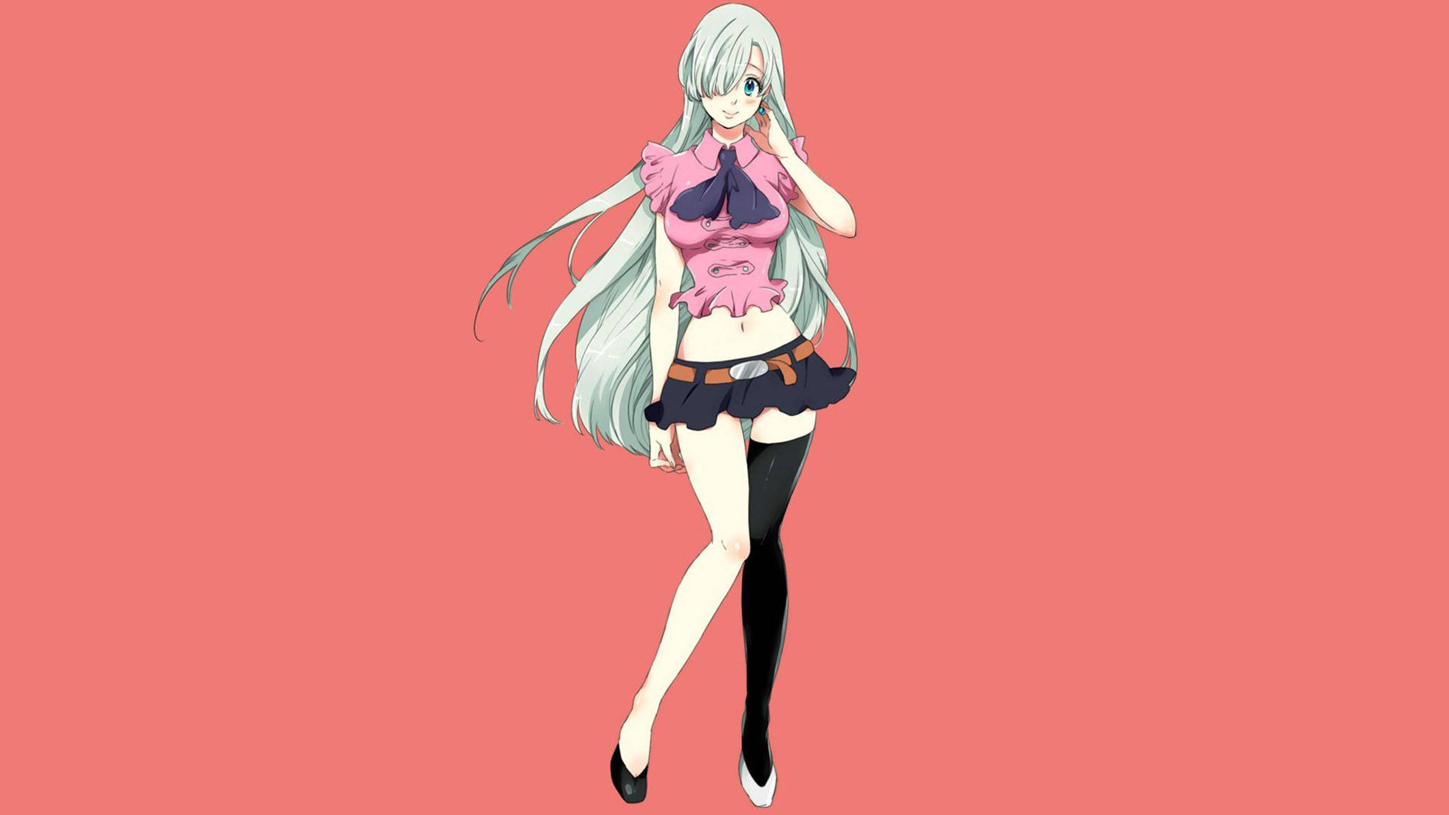 伊莉莎白·里昂絲 桌布 壁紙 — 長銀髮動漫女孩穿著粉紅色上衣和黑色裙子，在純珊瑚色背景前擺姿勢。