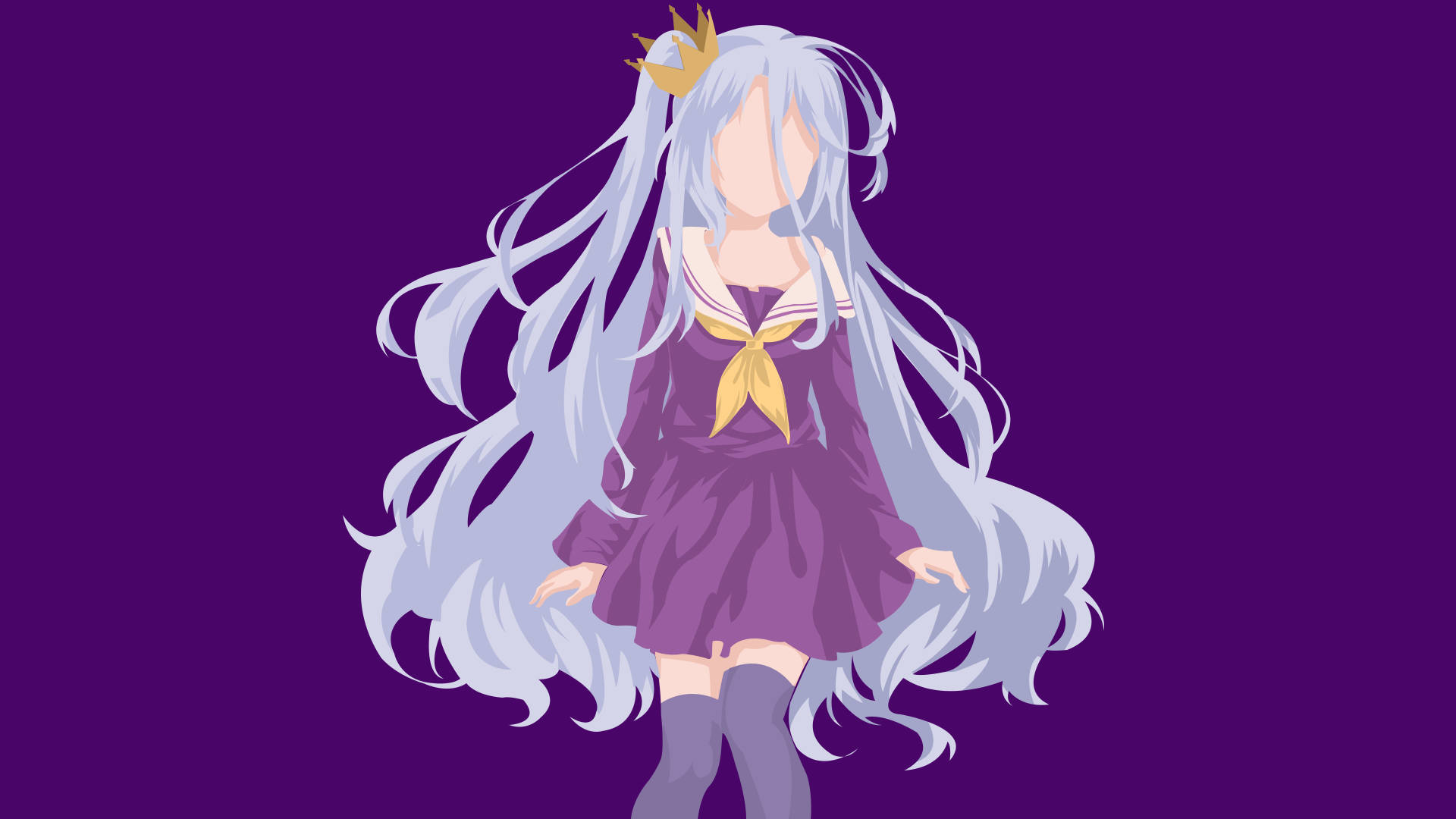 game 桌布 壁紙 — 長銀髮紫水手裙的動漫女孩站在純紫色背景前。