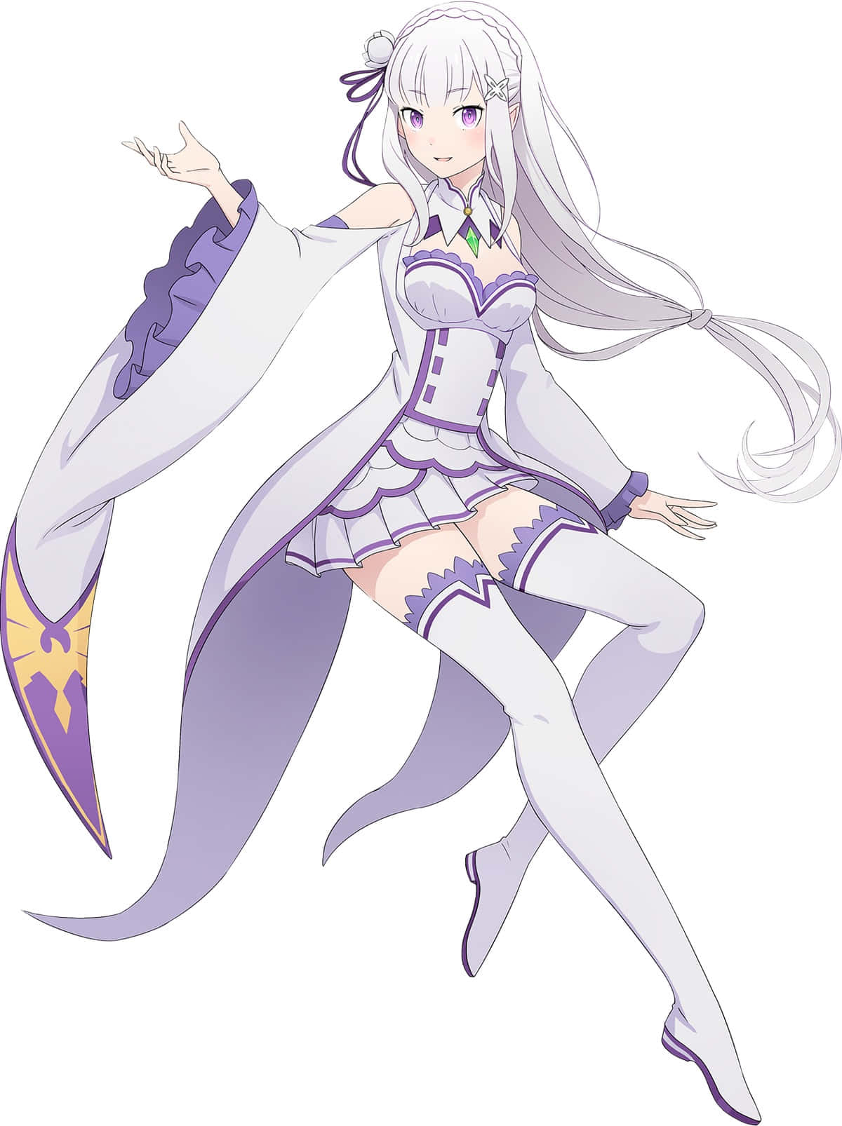 Re Zero Emilia 桌布 壁紙 — 長銀髮紫眼動漫少女，身穿白紫連衣裙，在純色背景前擺出優雅姿勢。