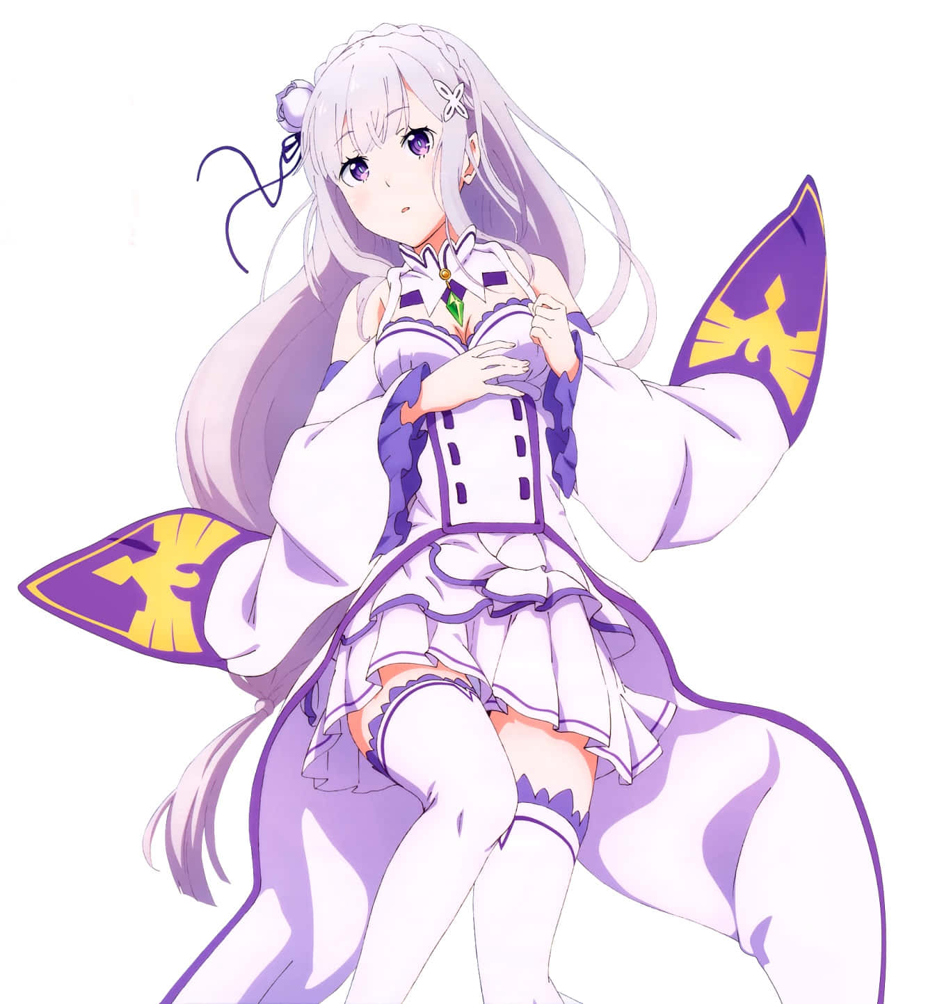 Re Zero Emilia 桌布 壁紙 — 長銀髮紫眼動漫少女，身穿白紫配色服裝，袖上有黃色鳥類徽章。
