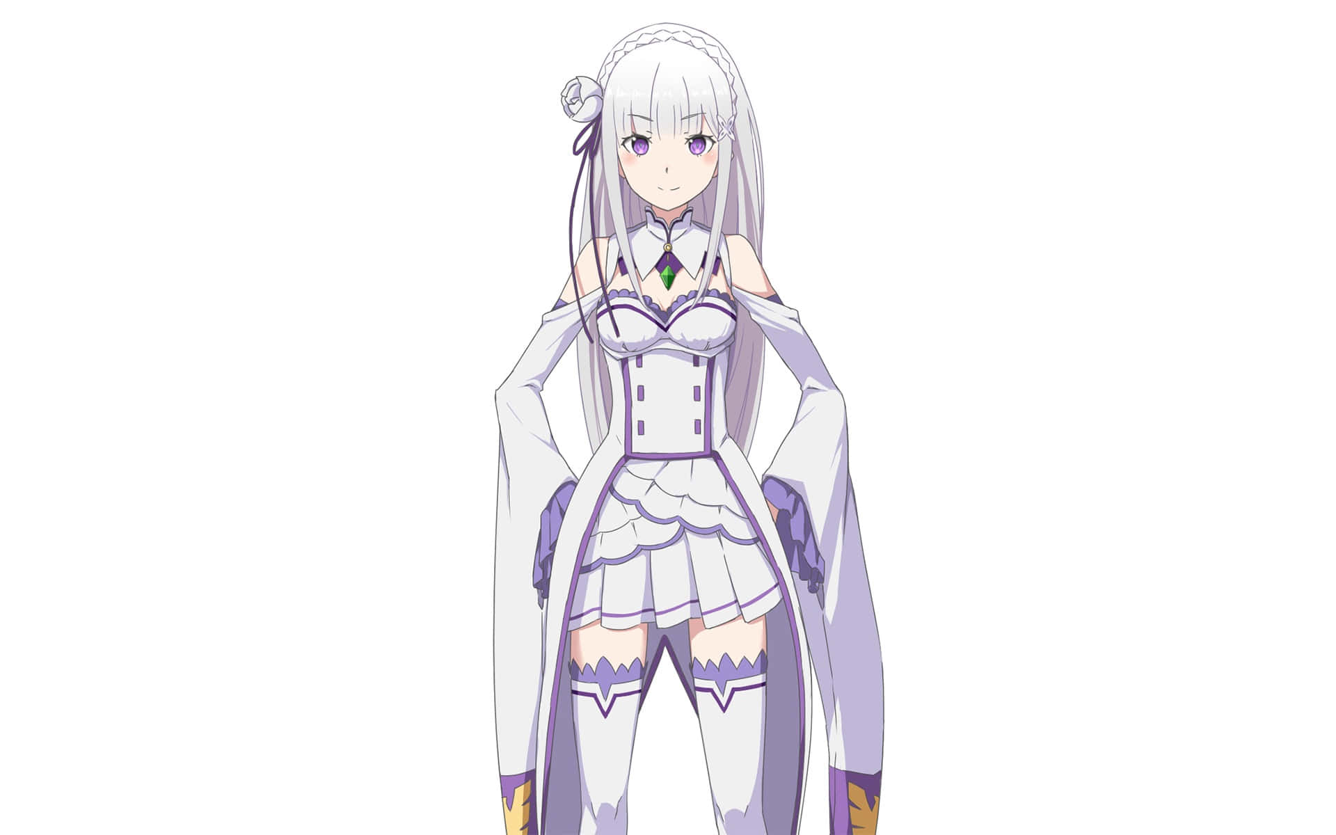 Re Zero Emilia 桌布 壁紙 — 長銀髮紫眼動漫少女，身穿白色與紫色束腰連衣裙，搭配多層裙擺和披風，背景為純白色。