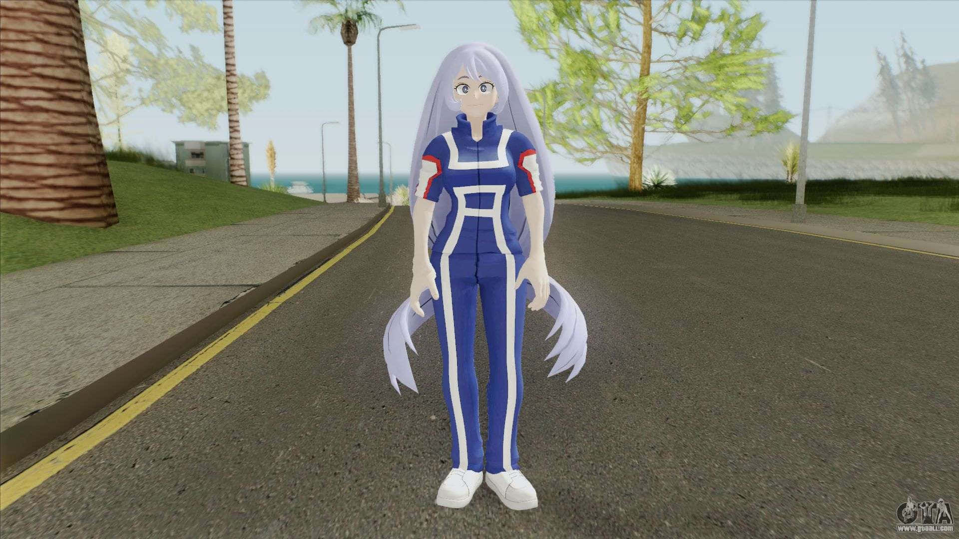 Nejire Hado 桌布 壁紙 — 長銀髮藍色賽車服的動漫女孩站在棕櫚樹成蔭的海岸公路上，陽光普照。