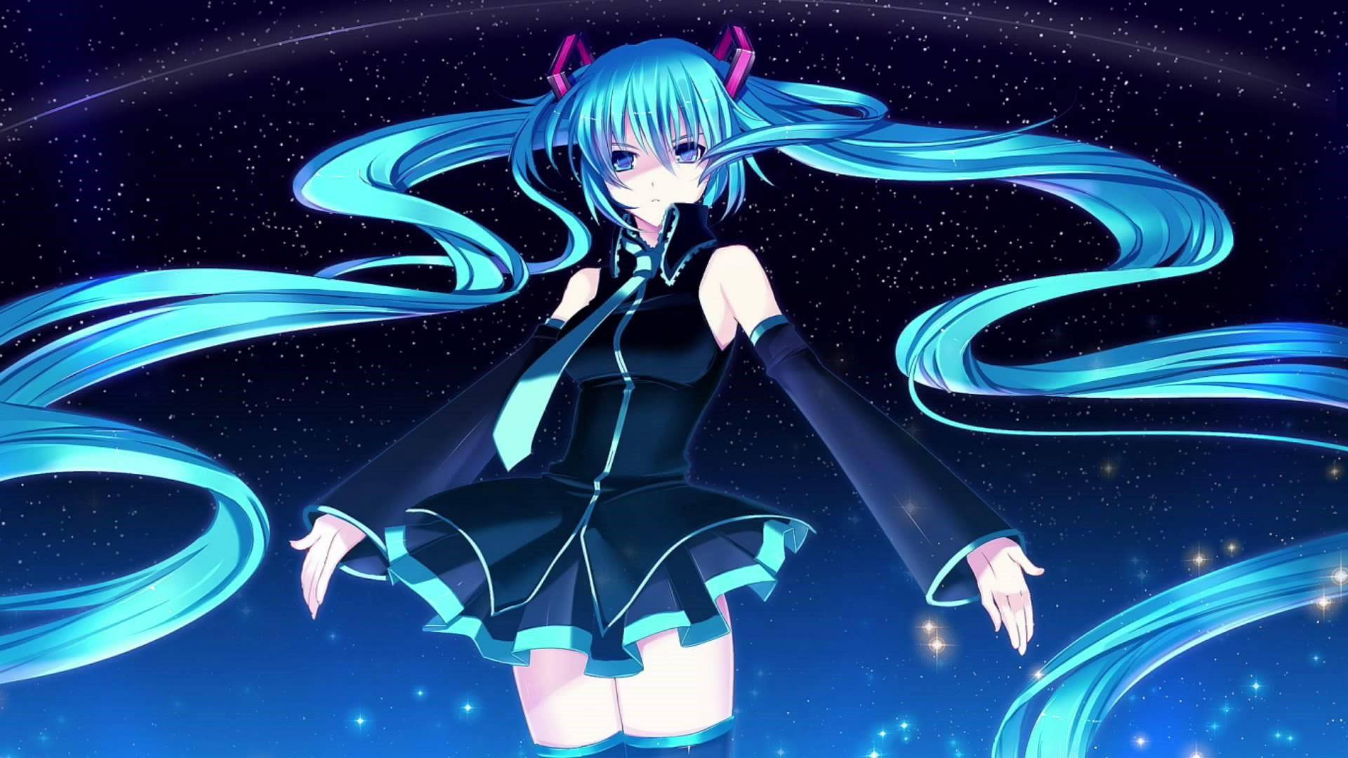 miku 桌布 壁紙 — 長長飄逸藍髮、身穿黑色服裝的動漫女孩，在星光宇宙背景下優雅地站立。