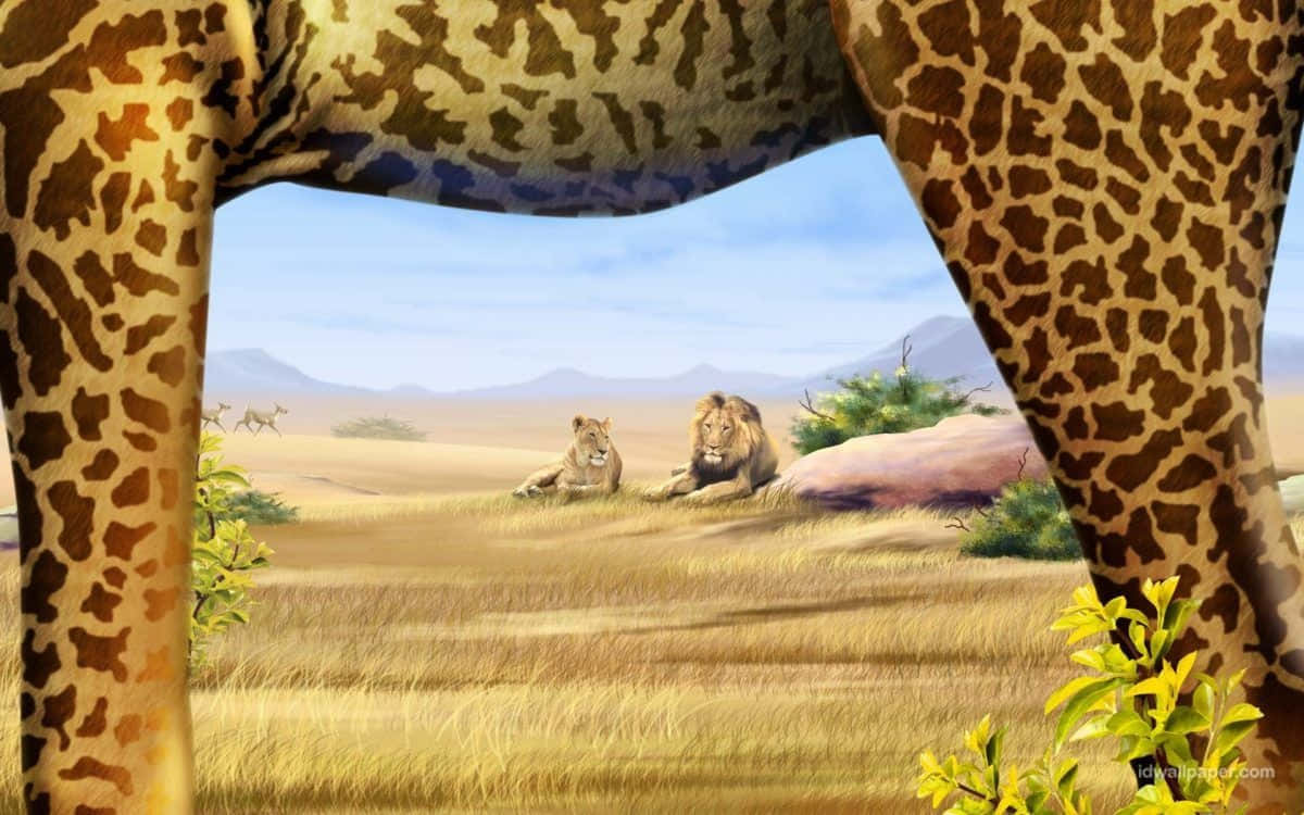 animals 桌布 壁紙 — 長頸鹿的雙腿框住了兩頭獅子在金色大草原上休息的景色，背景是清澈的藍天。